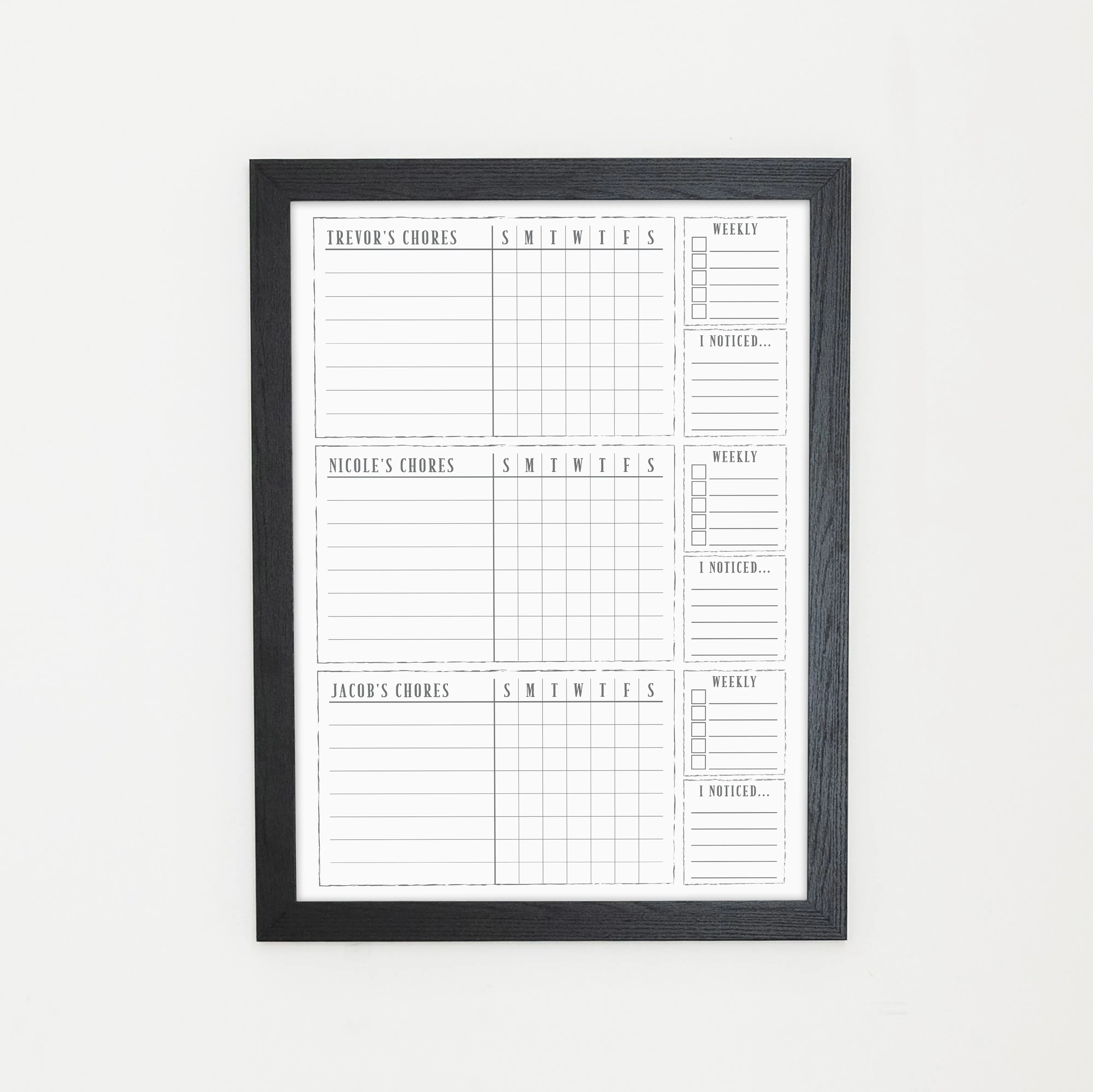 3 Person Framed Whiteboard Chore Chart  | Vertical Swanson