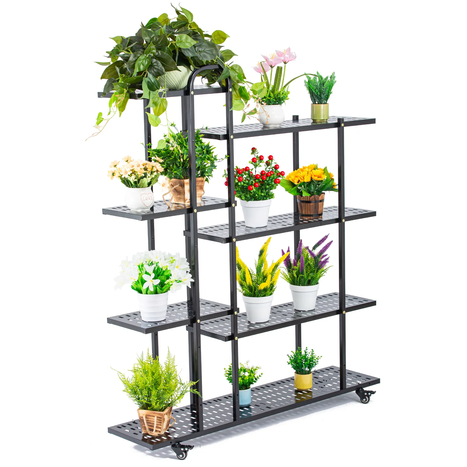 4 Tier 47.2 x 11.0 in Tiered Plant Stand Metal w Wheels Movable Black Plant Display Rack