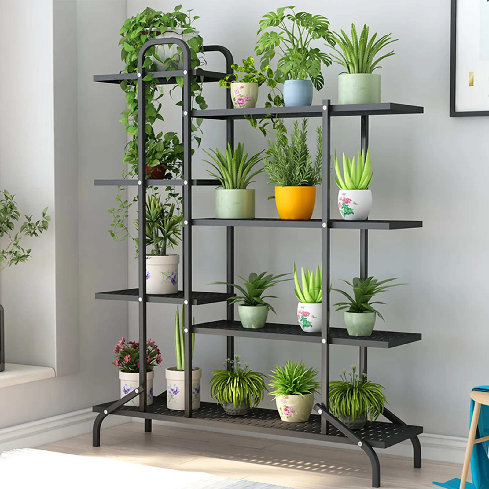 4 Tier 47.2 x 11.0 in Tiered Plant Stand Metal w Wheels Movable Black Plant Display Rack