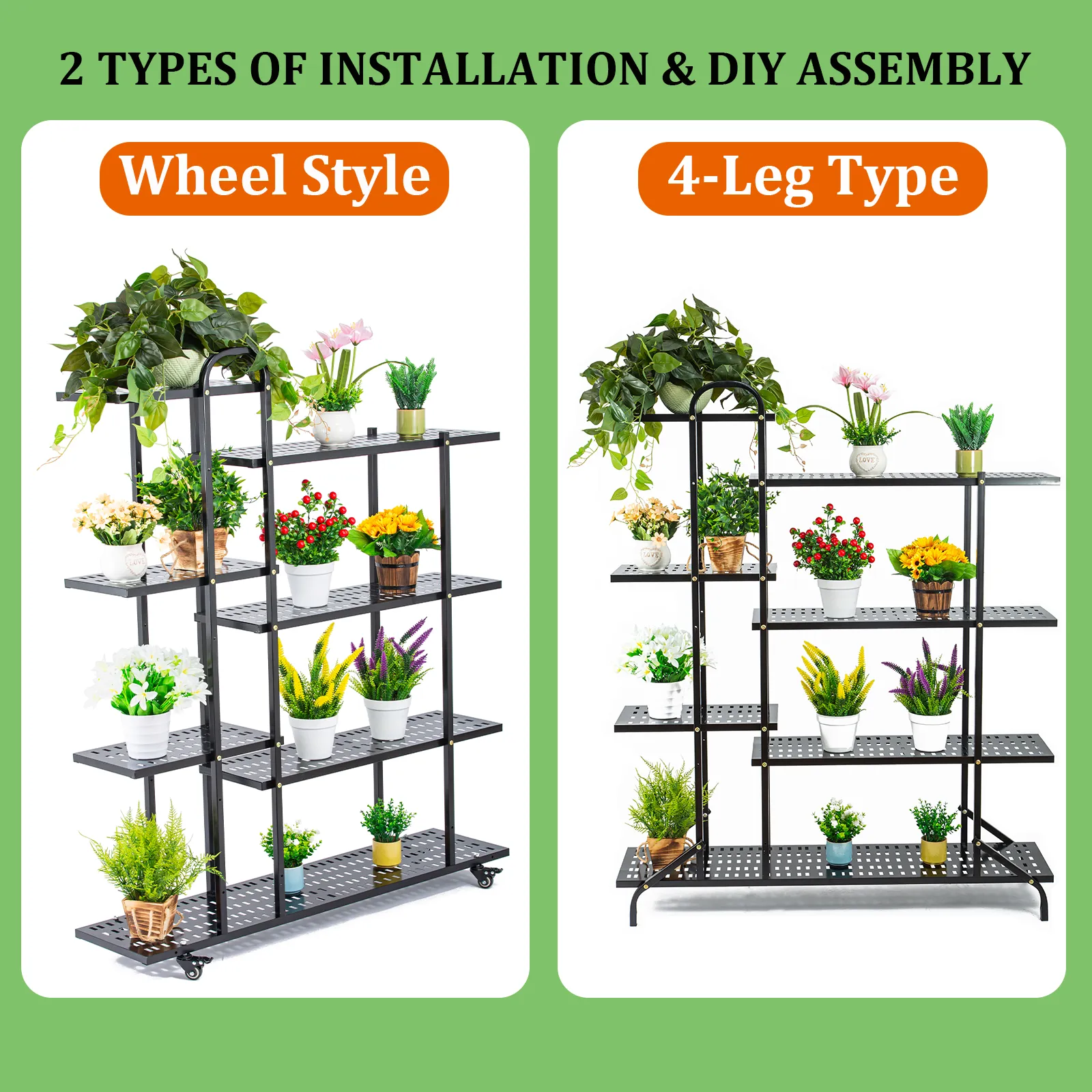 4 Tier 47.2 x 11.0 in Tiered Plant Stand Metal w Wheels Movable Black Plant Display Rack