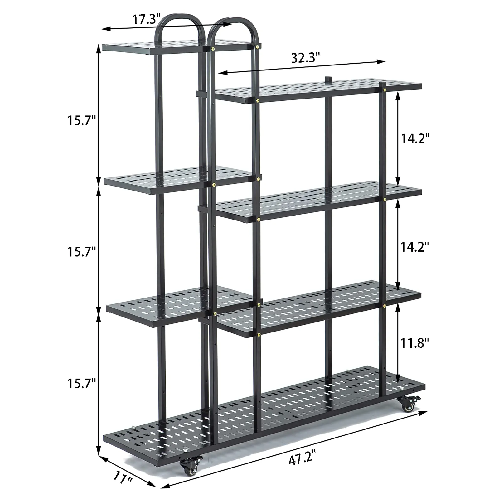 4 Tier 47.2 x 11.0 in Tiered Plant Stand Metal w Wheels Movable Black Plant Display Rack