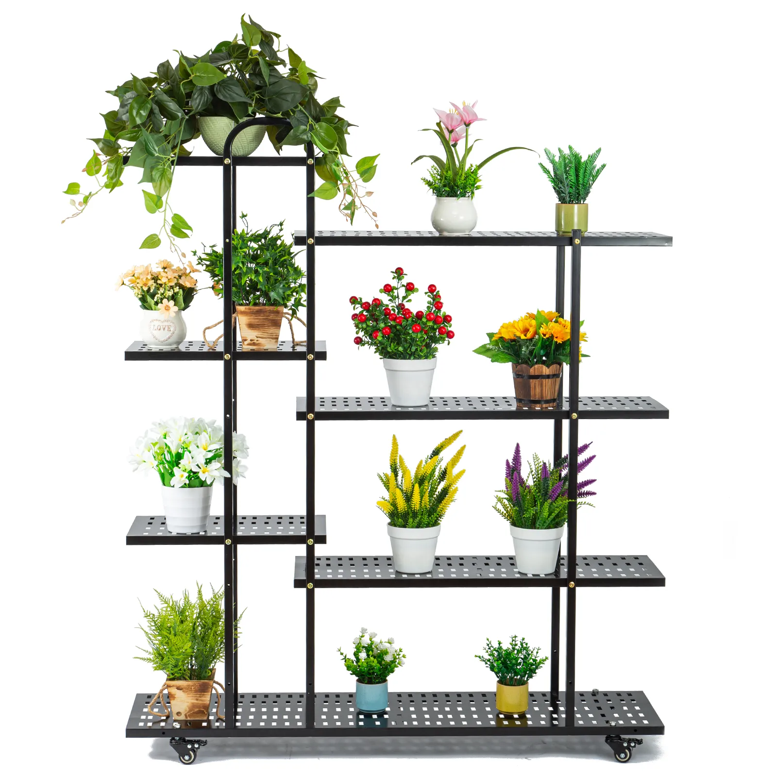 4 Tier 47.2 x 11.0 in Tiered Plant Stand Metal w Wheels Movable Black Plant Display Rack