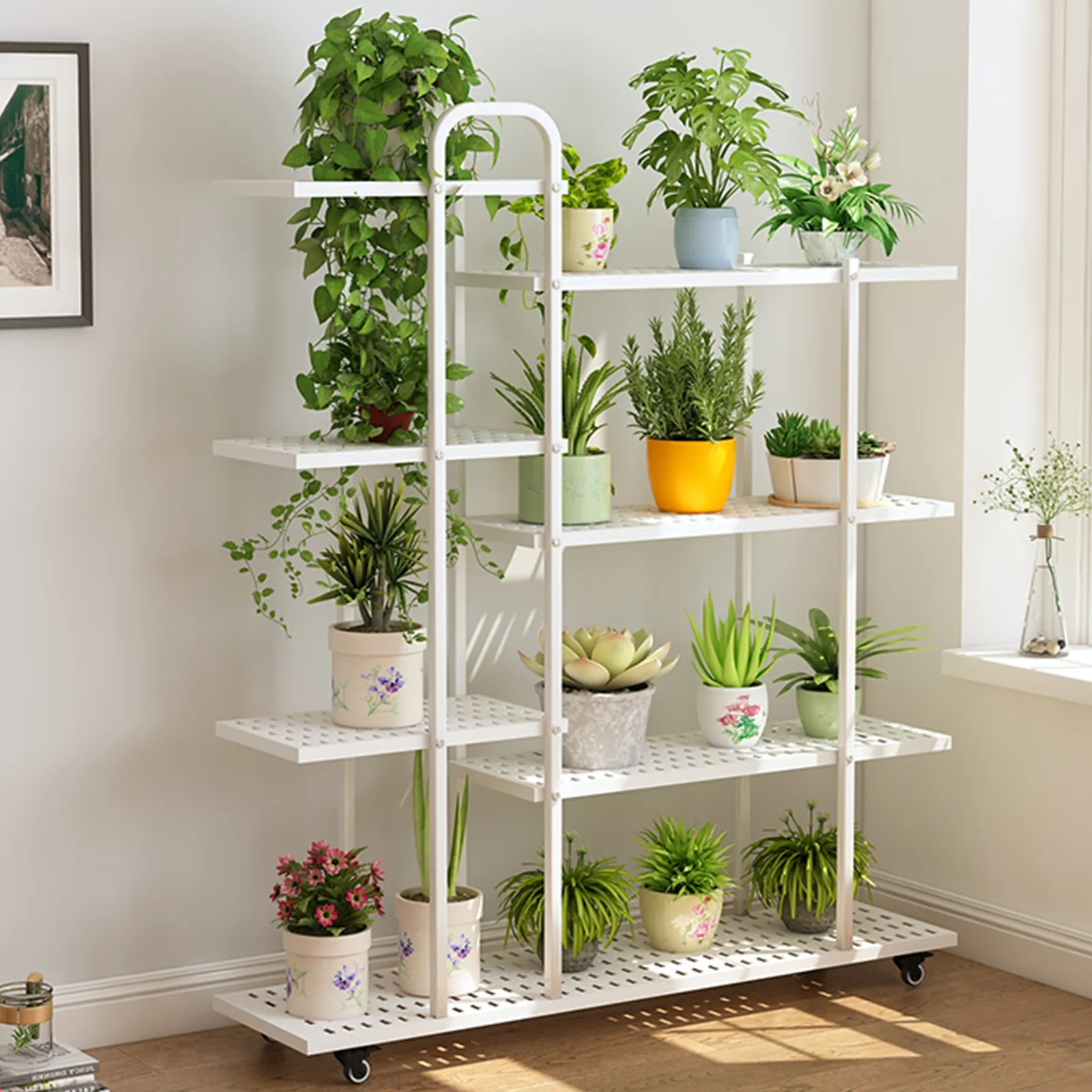 4 Tier White Movable Metal Plant Stand for Indoor Plants