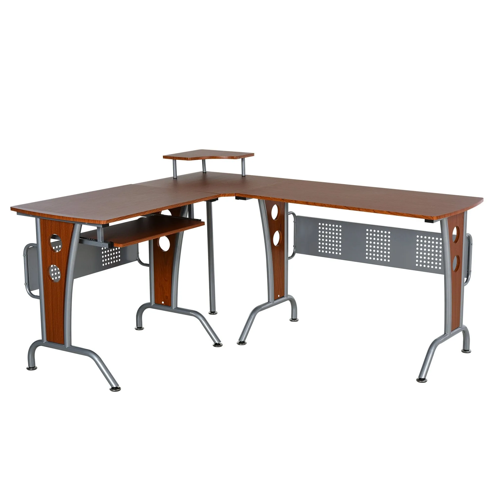 86.5H x 170L x 140W cm Steel MDF Top L-Shaped Corner Desk w/ Keyboard Tray Brown