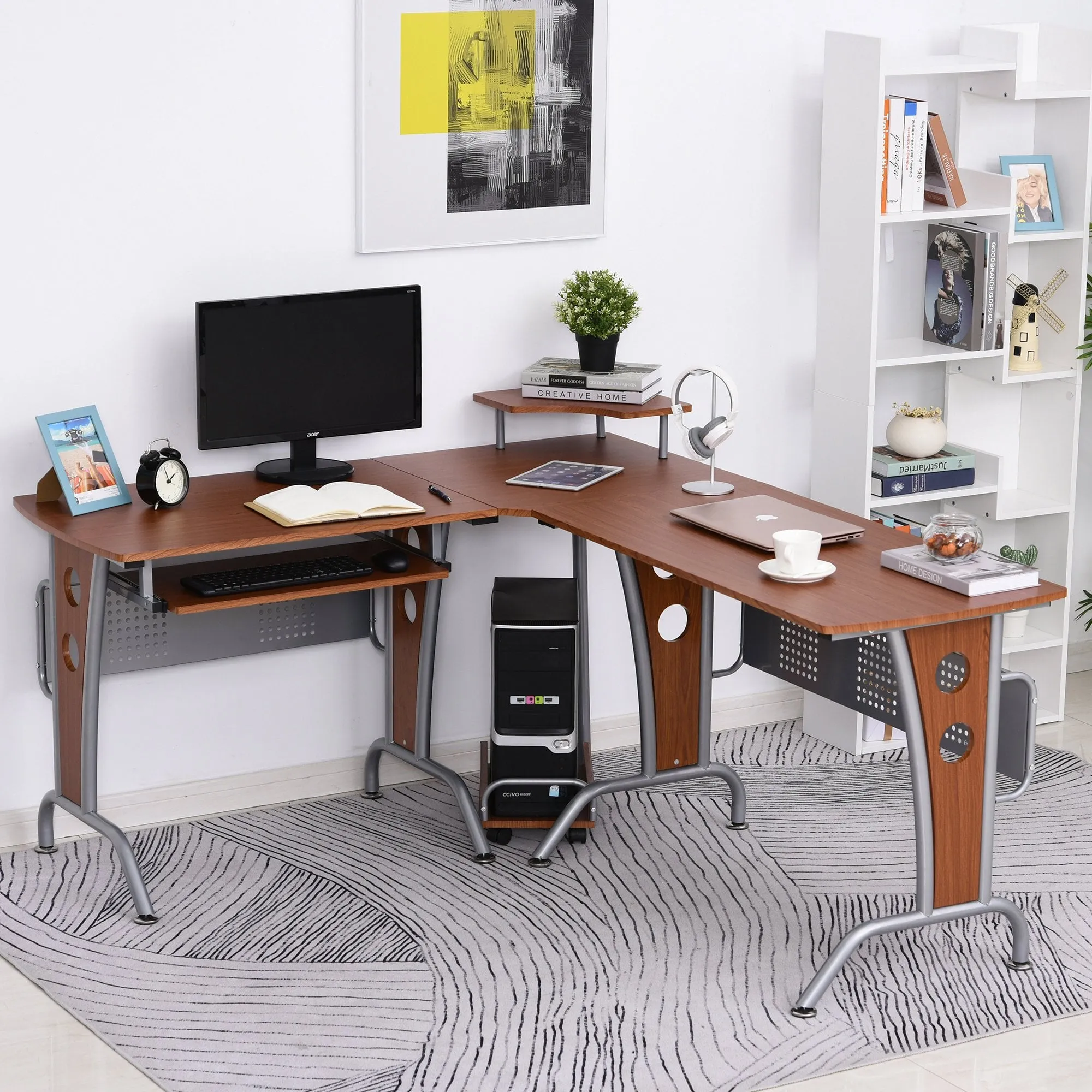 86.5H x 170L x 140W cm Steel MDF Top L-Shaped Corner Desk w/ Keyboard Tray Brown