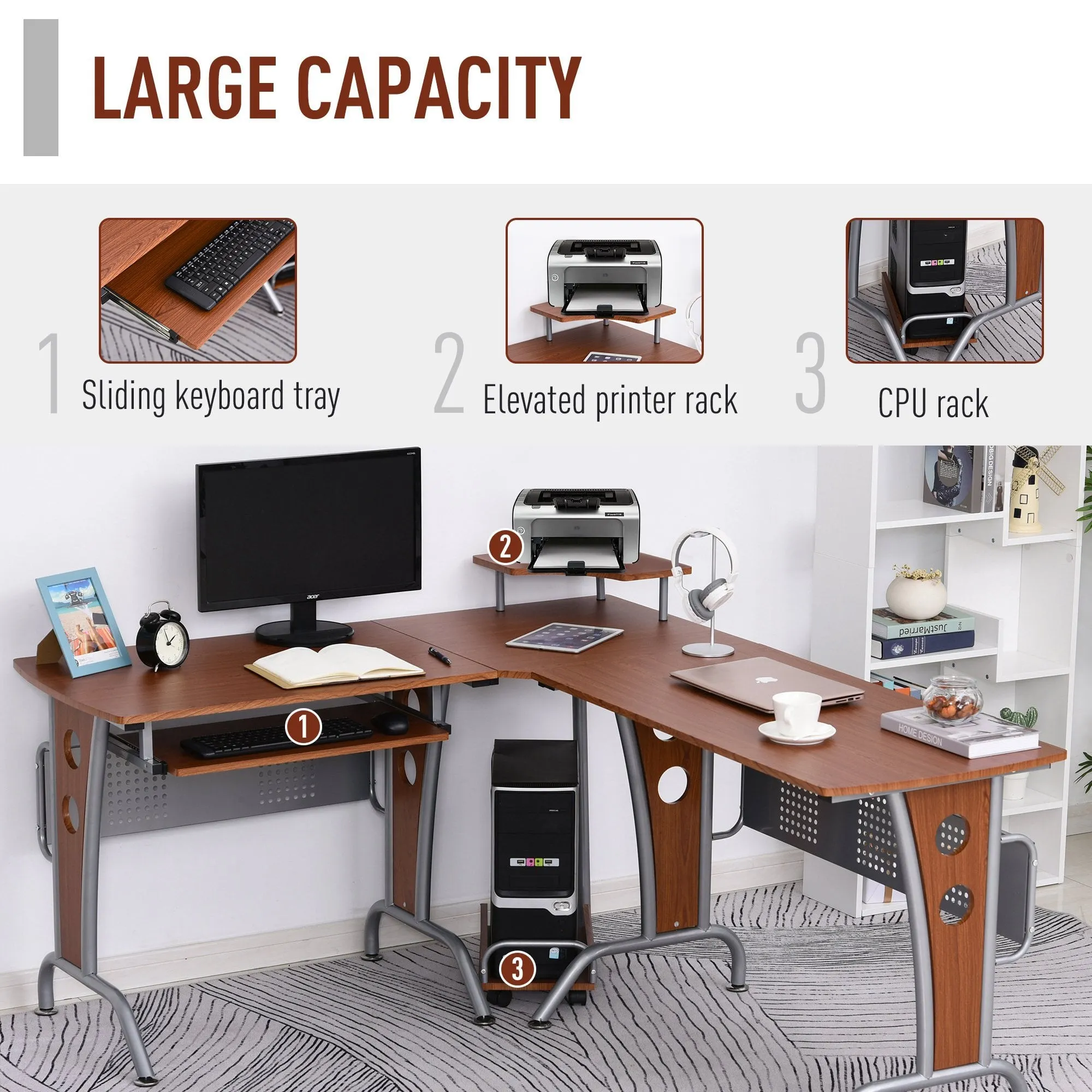 86.5H x 170L x 140W cm Steel MDF Top L-Shaped Corner Desk w/ Keyboard Tray Brown