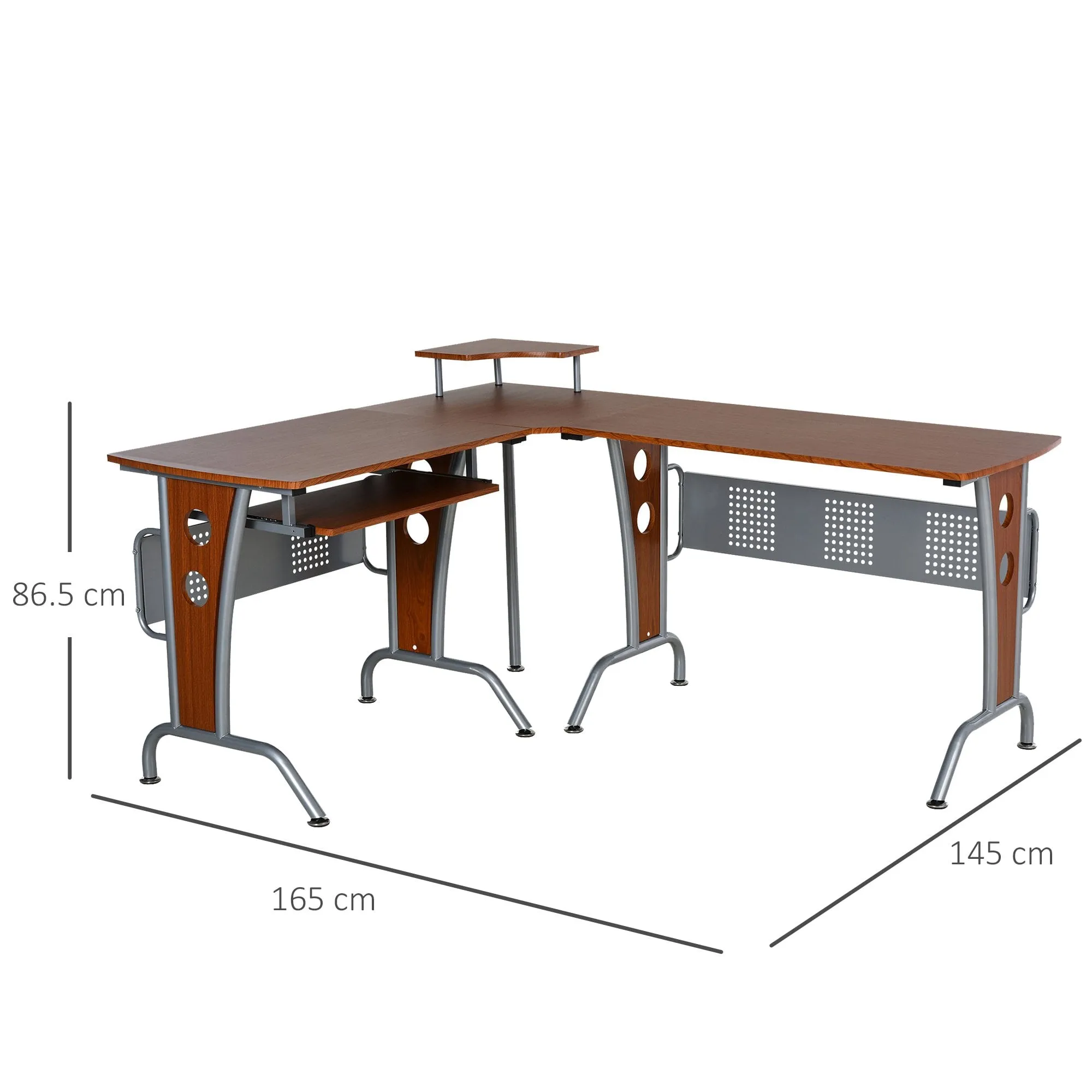 86.5H x 170L x 140W cm Steel MDF Top L-Shaped Corner Desk w/ Keyboard Tray Brown