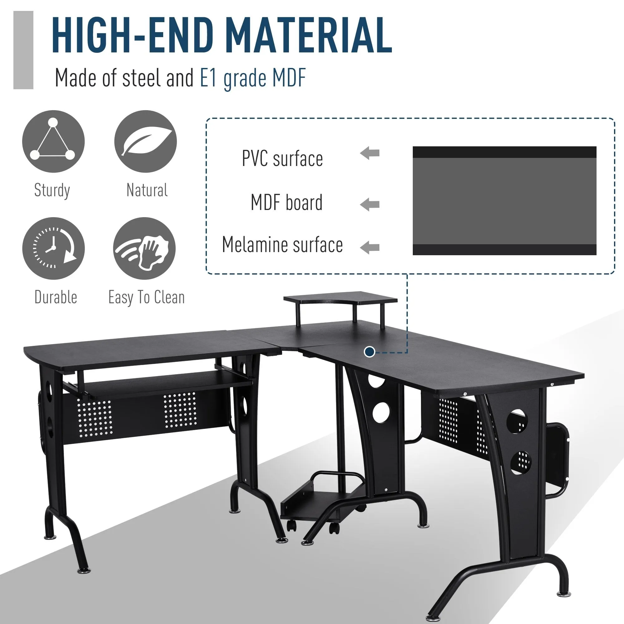 86.5H x 170L x 140Wcm Steel MDF Top L-Shaped Corner Desk w/ Keyboard Tray - Black