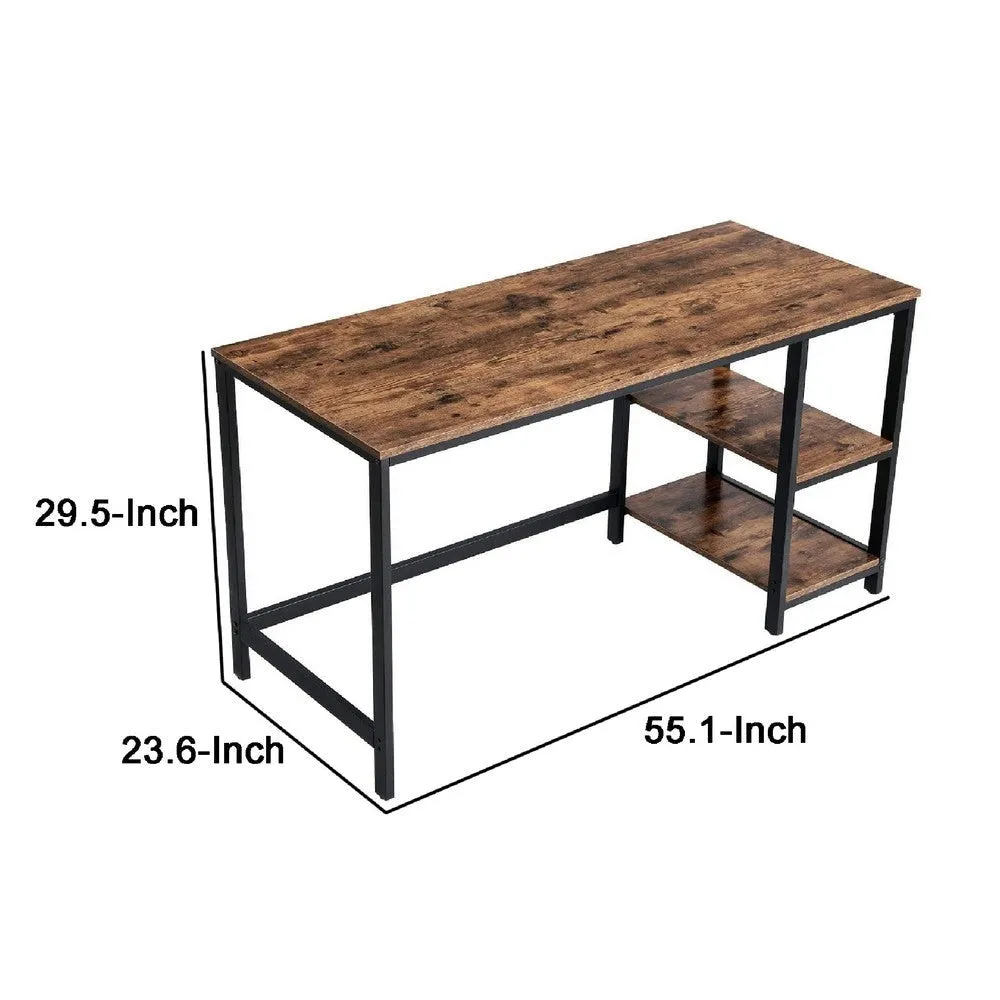 Ann 55 Inch Office Writing Computer Desk, Rustic, 2 Shelves, Steel, Brown By Casagear Home