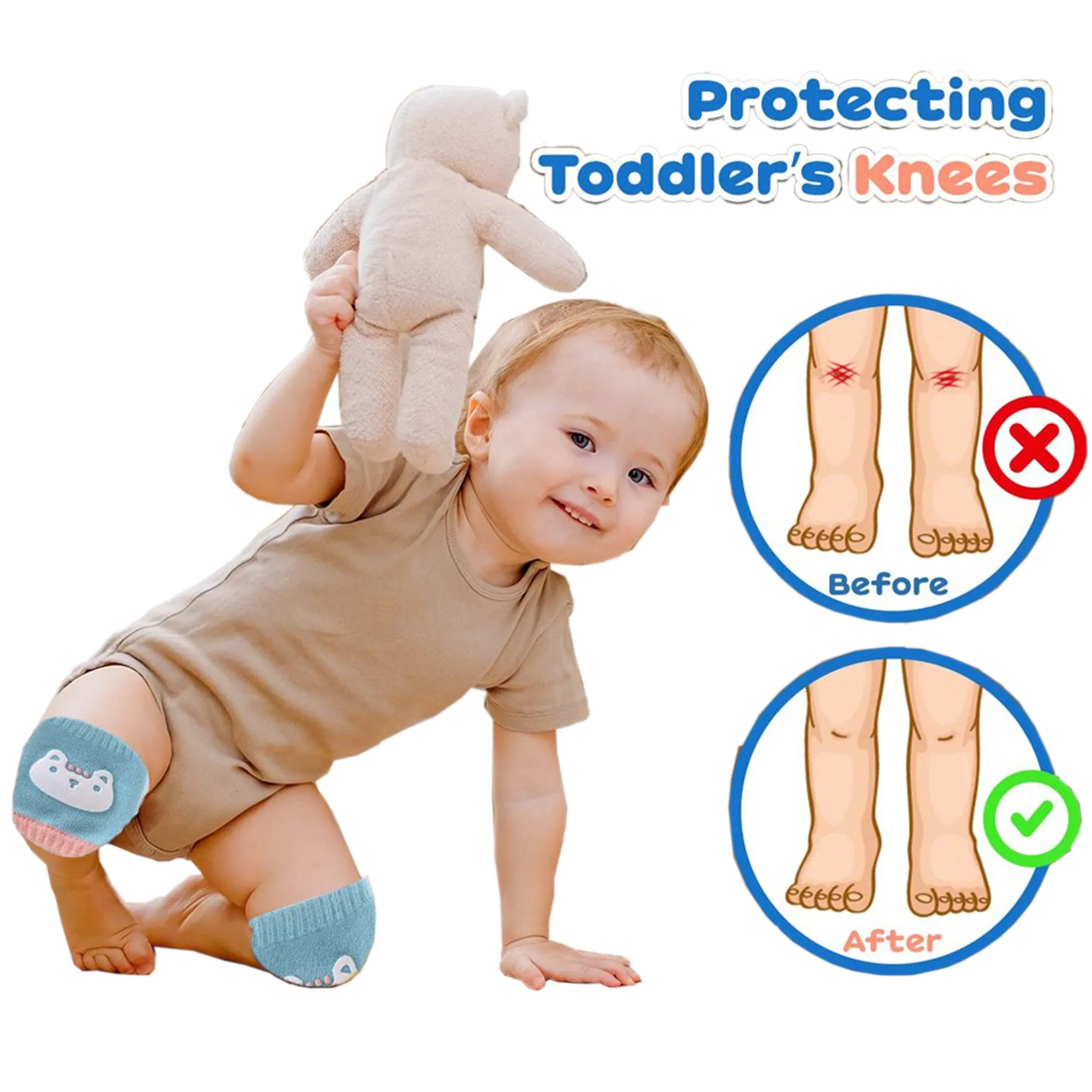 Babymoon Designer Baby Kneepads for Protection Knee Pads for Crawling, Anti-Slip Safety Protector | Cat Green