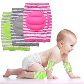 Babymoon Kids Padded Knee Pads for Crawling, Anti-Slip Stretchable Cotton | Pack of 3 | Green, Grey & Pink