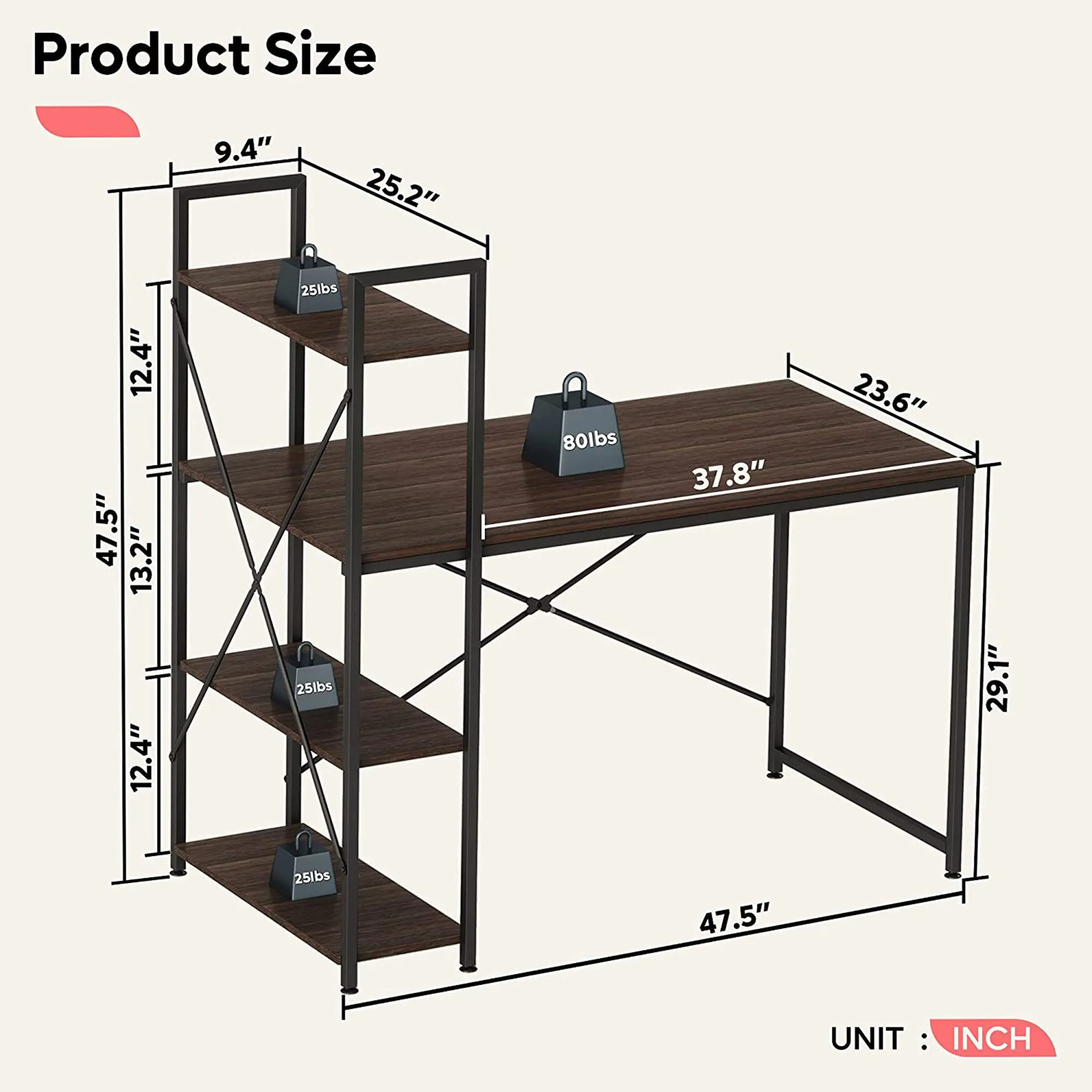 Bestier 47" Computer Desk w/Storage Shelves for Small Spaces, Brown (For Parts)