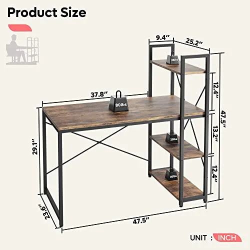 Bestier Computer Desk with Shelves - 47 Inch Small Space Home Office Desks with Bookshelf for Study Writing and Work - Plenty Leg Room and Easy Assemble, Rustic Brown