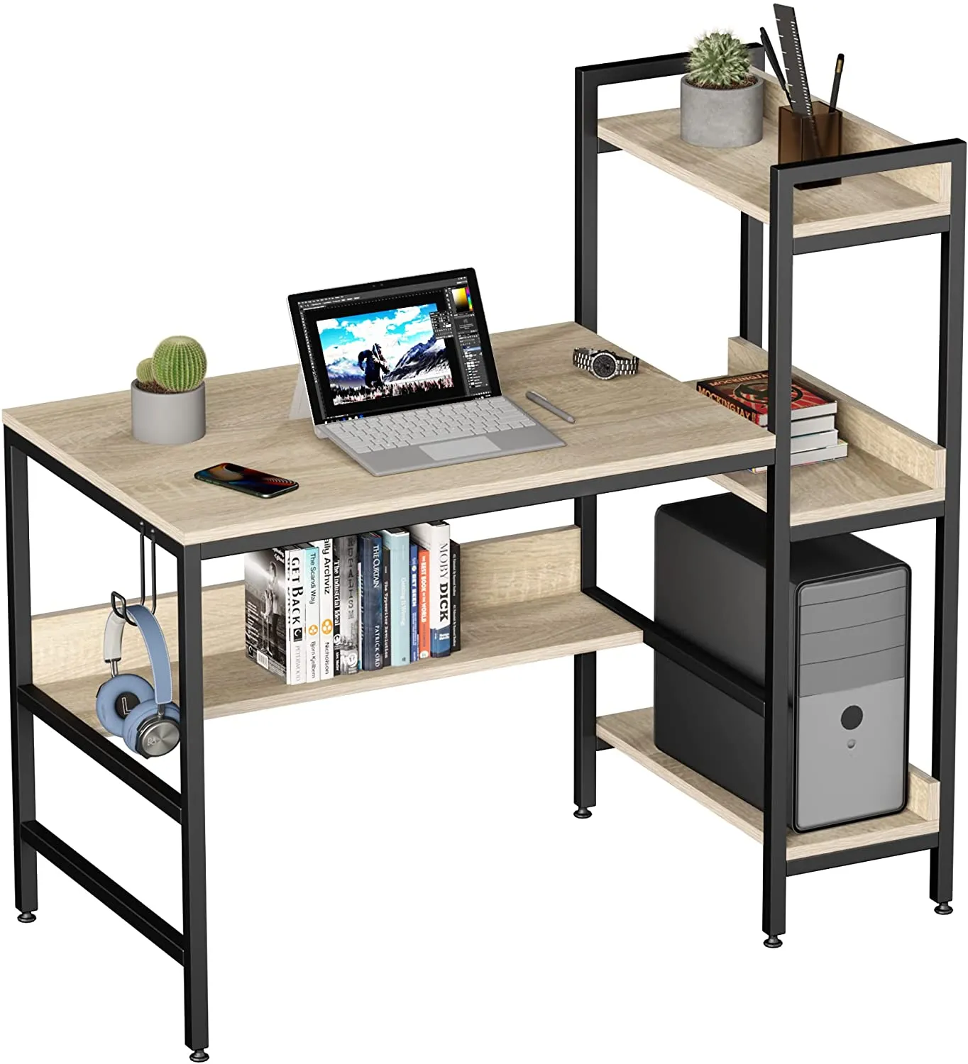 Bestier Computer Office Desk Workstation with Side Storage Shelves & Hook (Used)