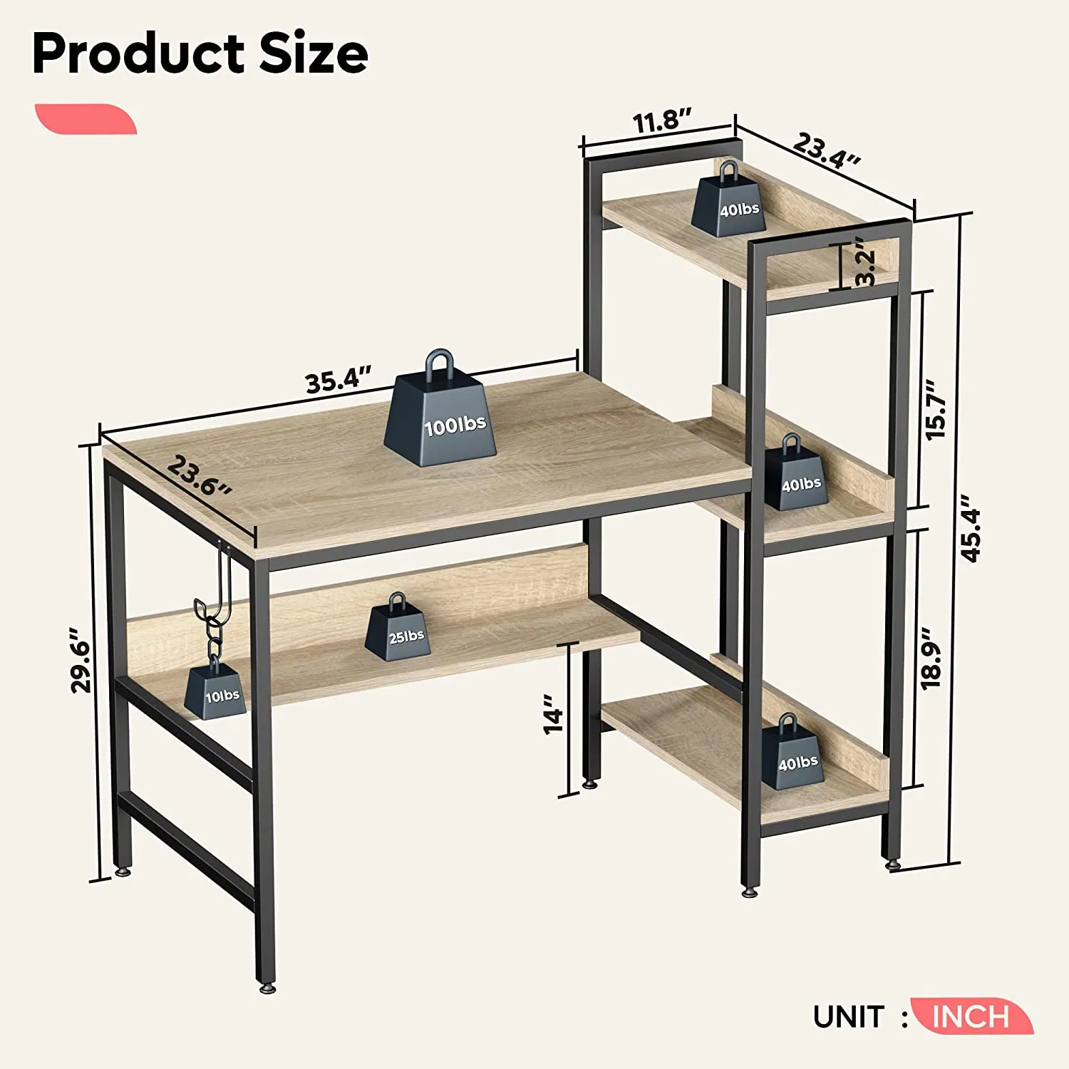 Bestier Computer Office Desk Workstation with Side Storage Shelves & Hook (Used)