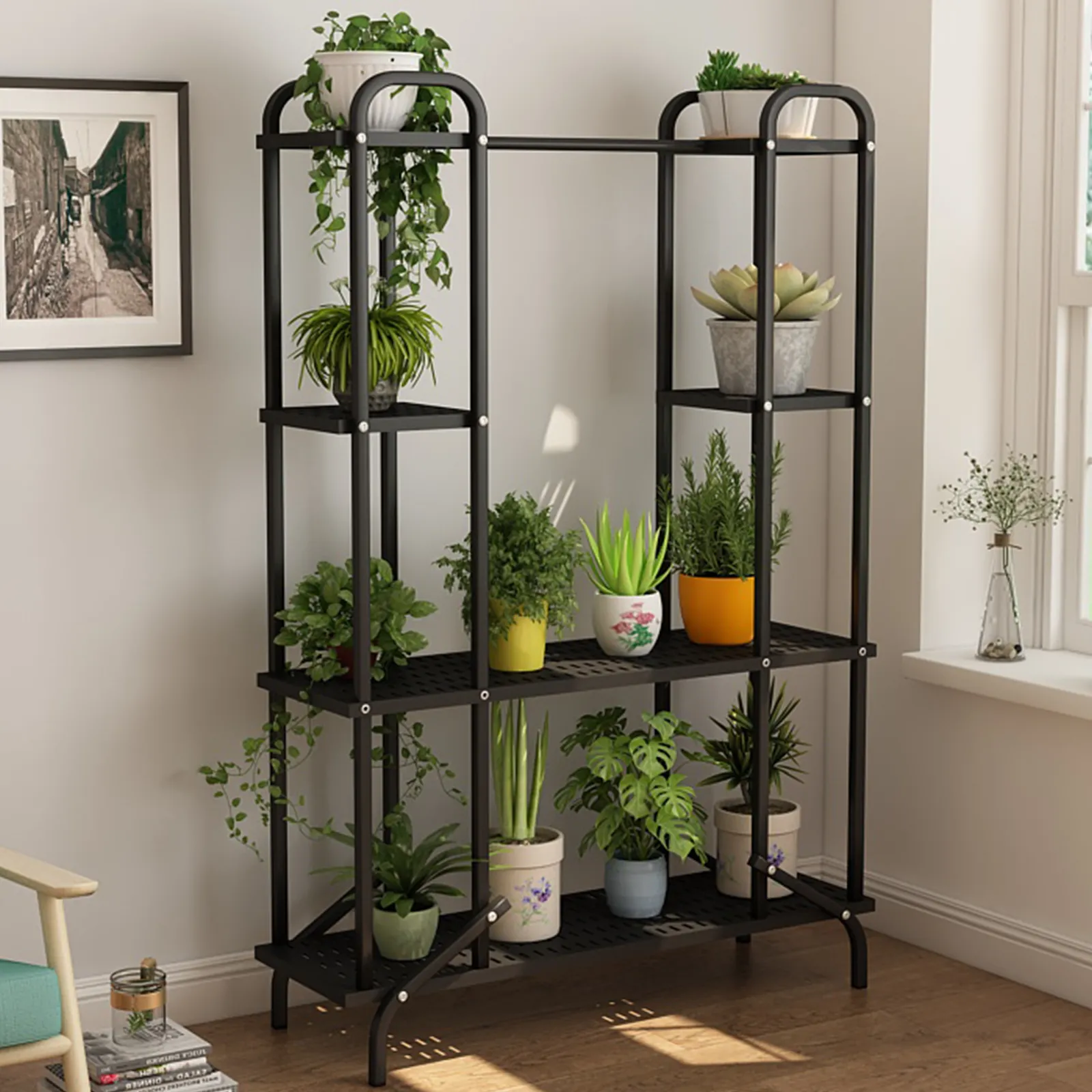 Black 4 Tier Vertical Metal Plant Stand Indoor with Wheels for Indoor Plants