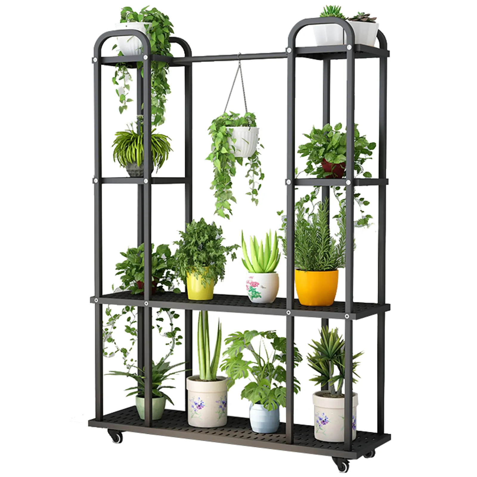 Black 4 Tier Vertical Metal Plant Stand Indoor with Wheels for Indoor Plants