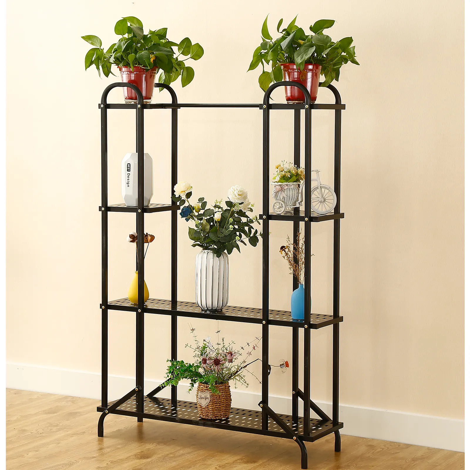 Black 4 Tier Vertical Metal Plant Stand Indoor with Wheels for Indoor Plants