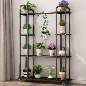 Black 4 Tier Vertical Metal Plant Stand Indoor with Wheels for Indoor Plants