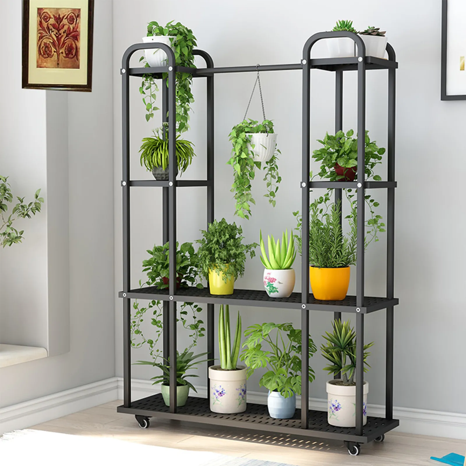 Black 4 Tier Vertical Metal Plant Stand Indoor with Wheels for Indoor Plants