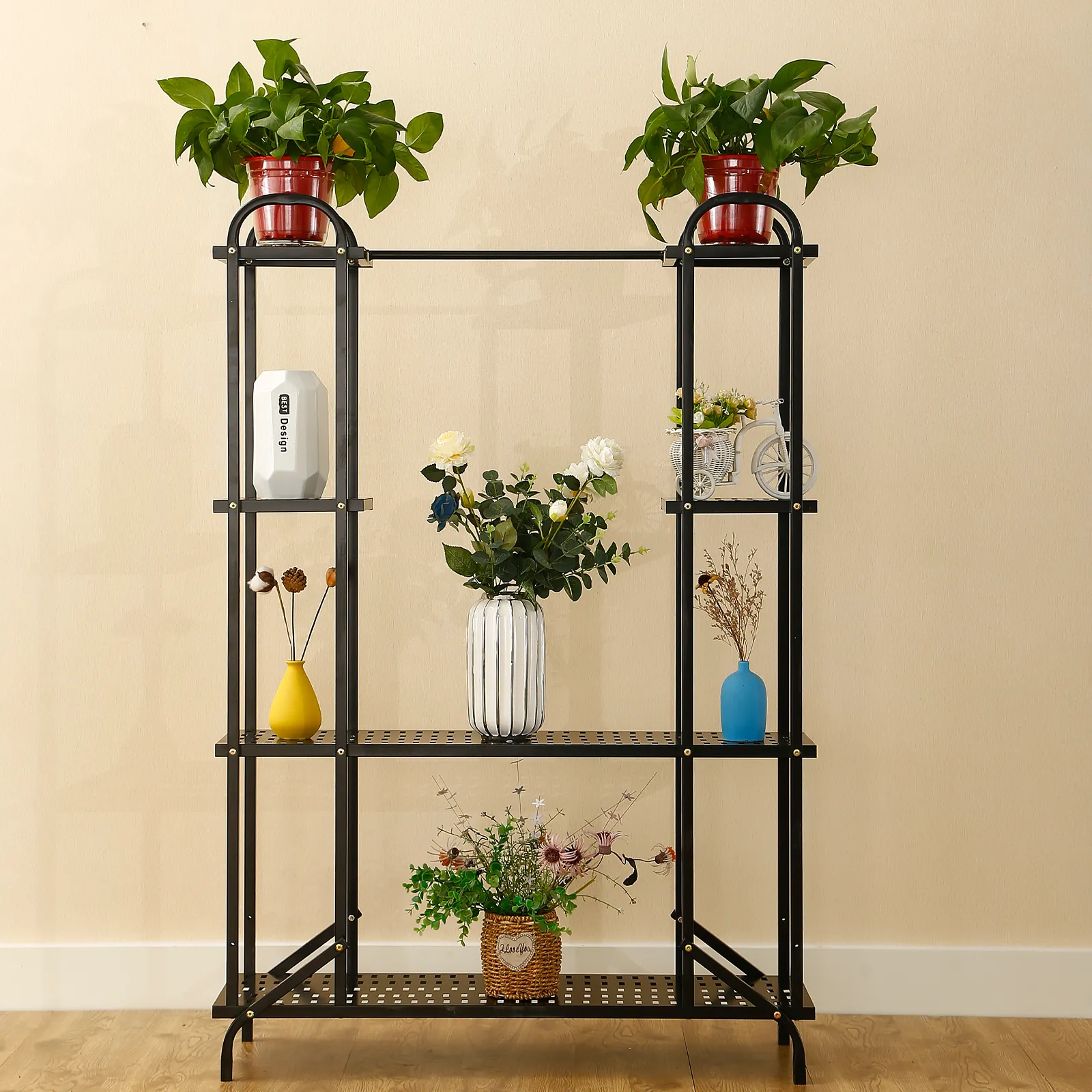 Black 4 Tier Vertical Metal Plant Stand Indoor with Wheels for Indoor Plants