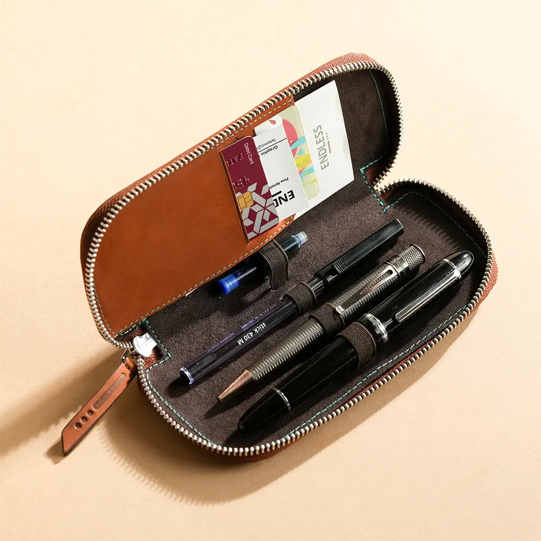 Endless Companion Leather Adjustable 3-Pen Pouch Brown