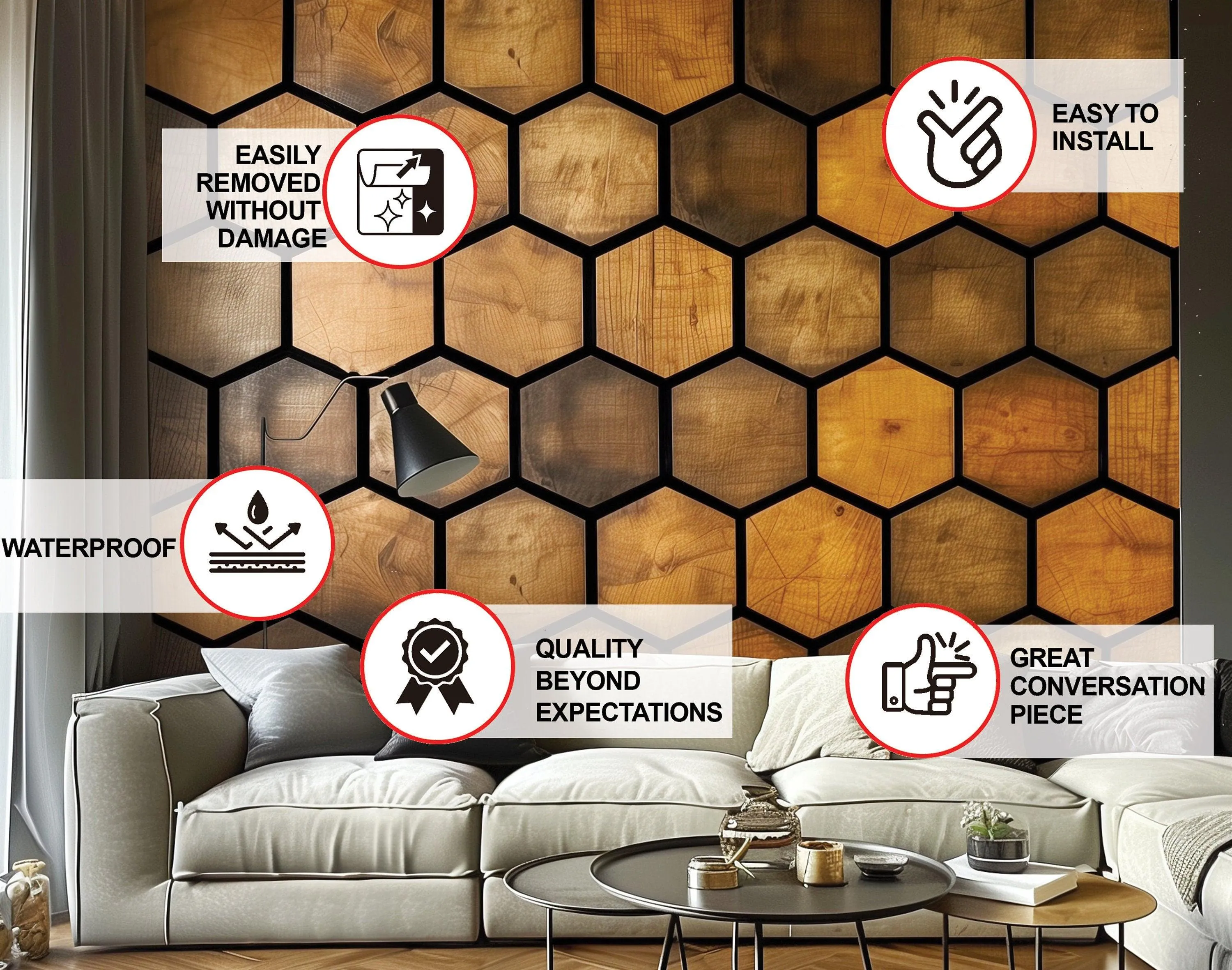 Hexagonal Wood Effect Wallpaper Sticker - Black Accent Adhesive Wall Decal, Rustic Wooden Honeycomb Decals for Modern Home Décor