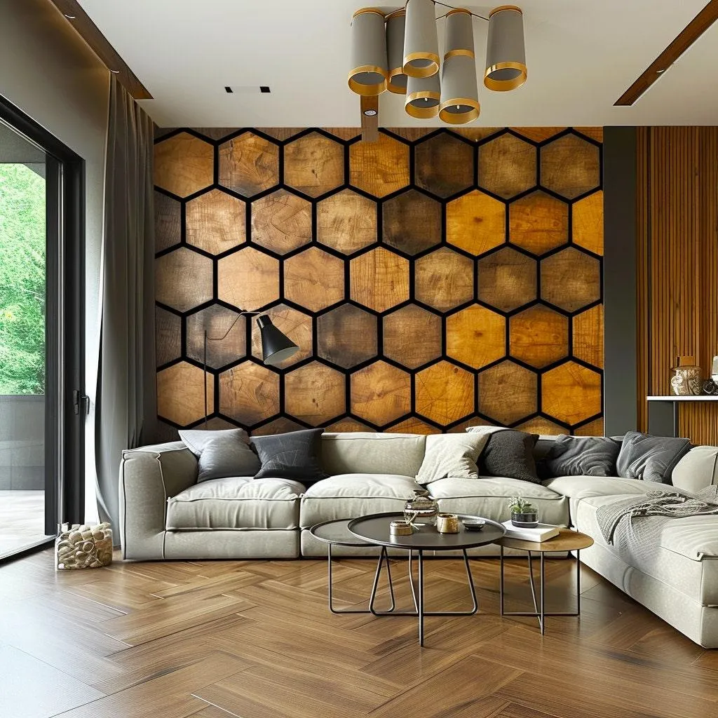 Hexagonal Wood Effect Wallpaper Sticker - Black Accent Adhesive Wall Decal, Rustic Wooden Honeycomb Decals for Modern Home Décor