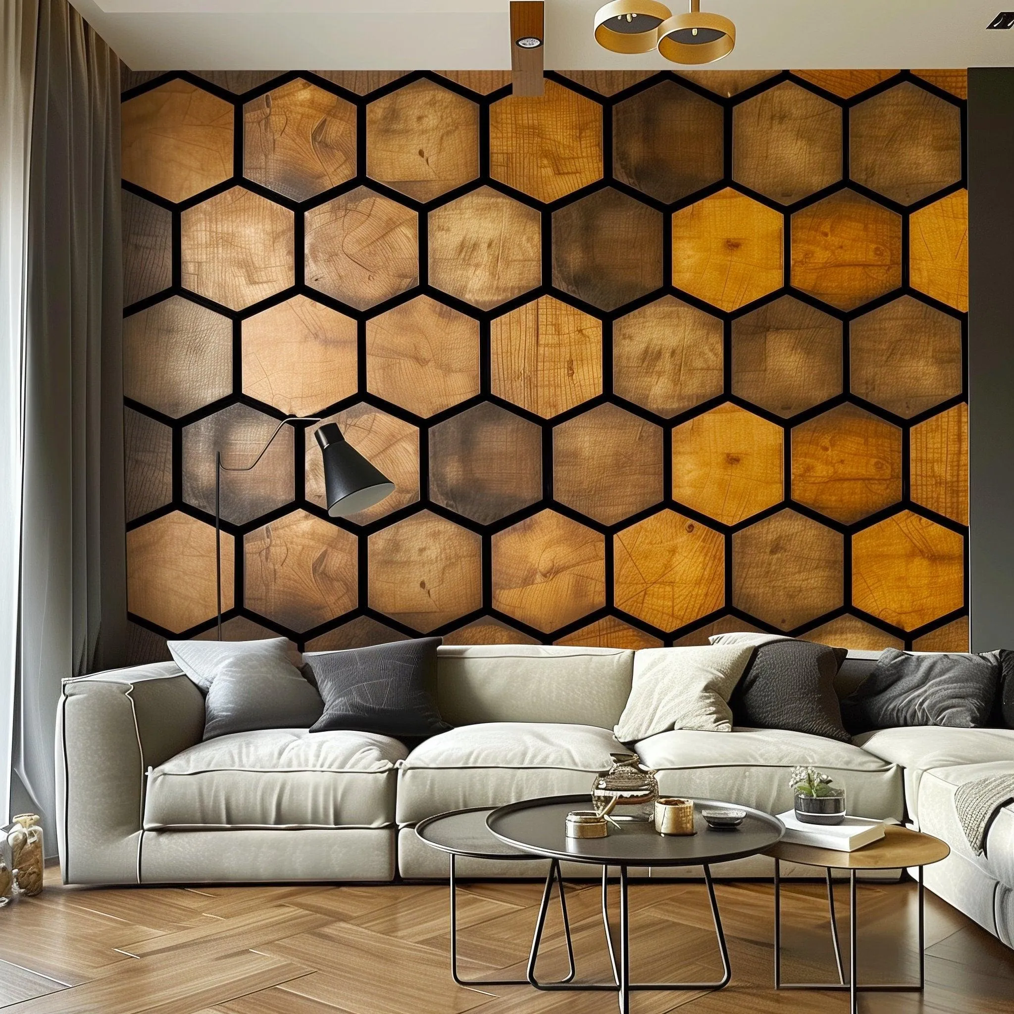 Hexagonal Wood Effect Wallpaper Sticker - Black Accent Adhesive Wall Decal, Rustic Wooden Honeycomb Decals for Modern Home Décor