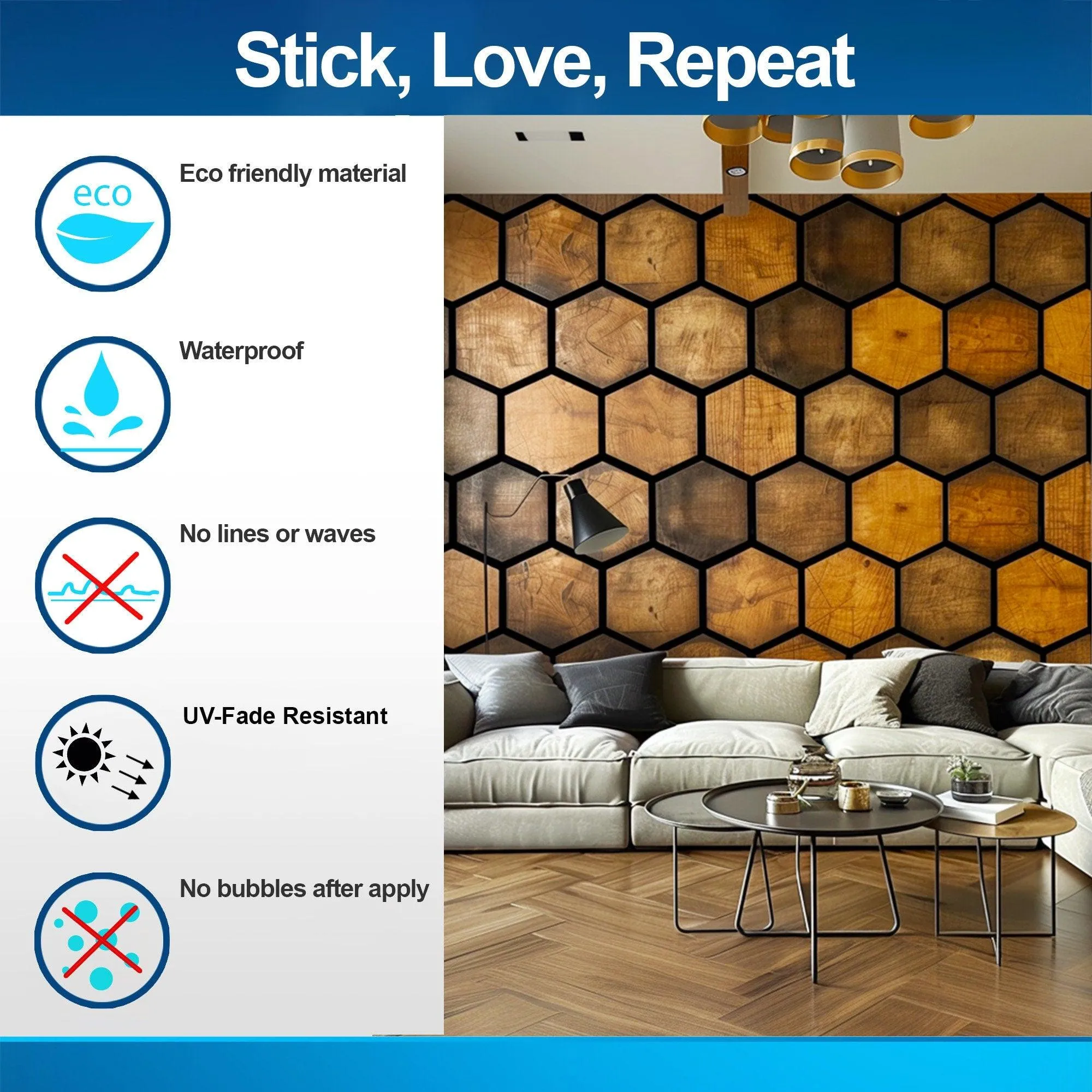 Hexagonal Wood Effect Wallpaper Sticker - Black Accent Adhesive Wall Decal, Rustic Wooden Honeycomb Decals for Modern Home Décor