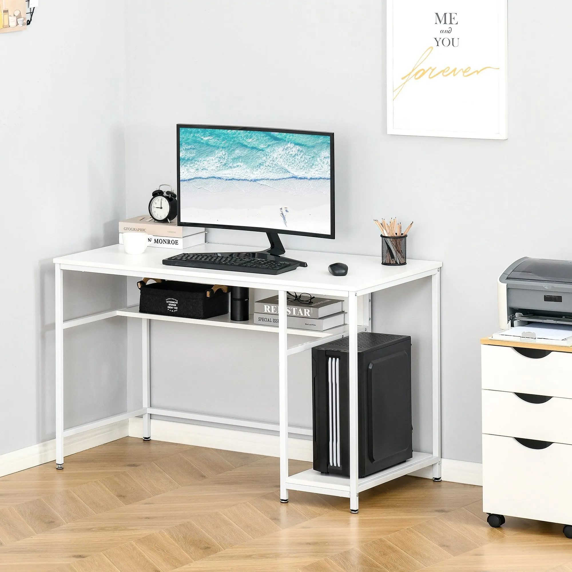 Home Computer Desk Writing Study Table Offcie PC Workstation with Storage Shelf, White w/ Storage