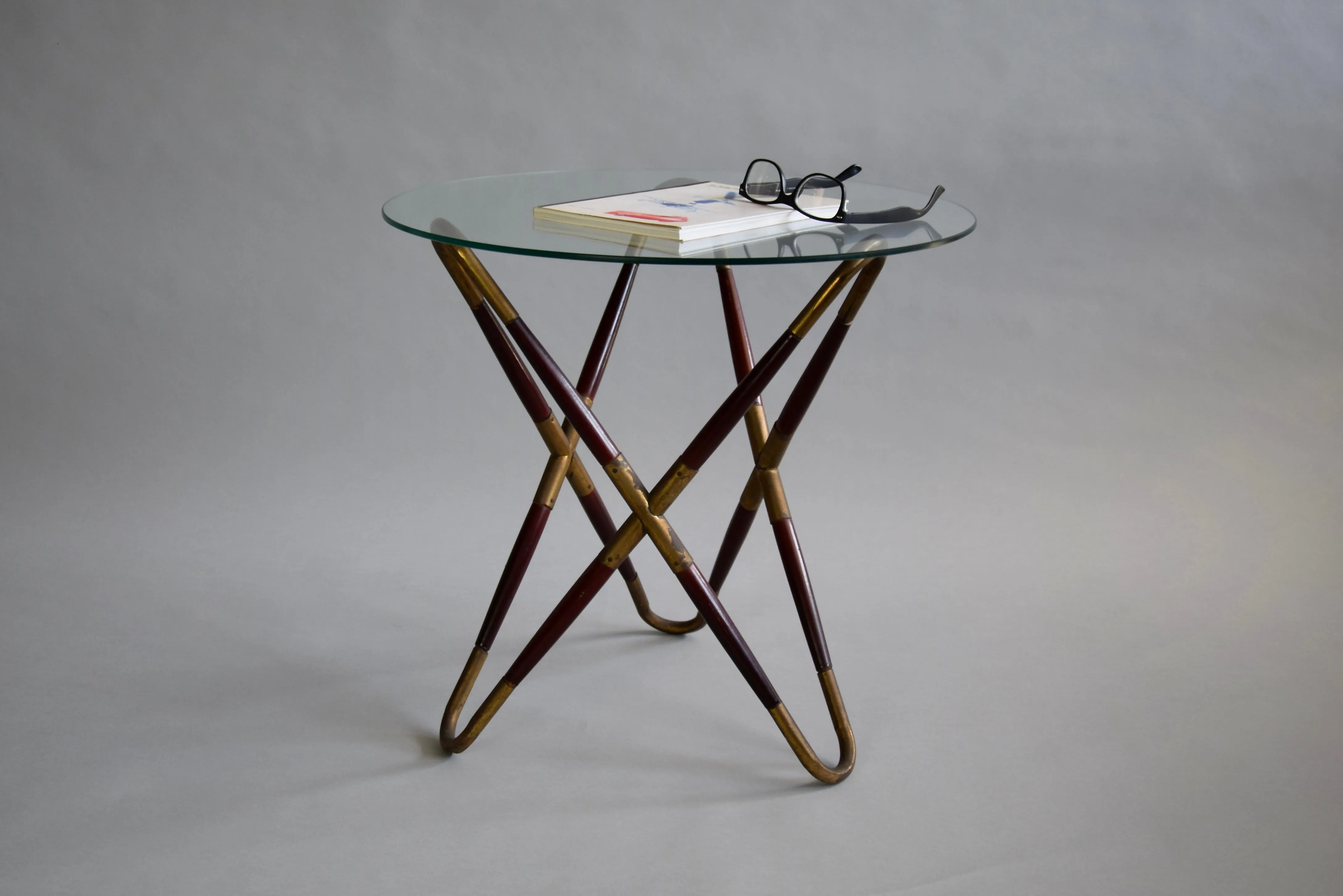 Italian Mid Century Brass, Glass and Wooden Side Table by Cesare Lacca