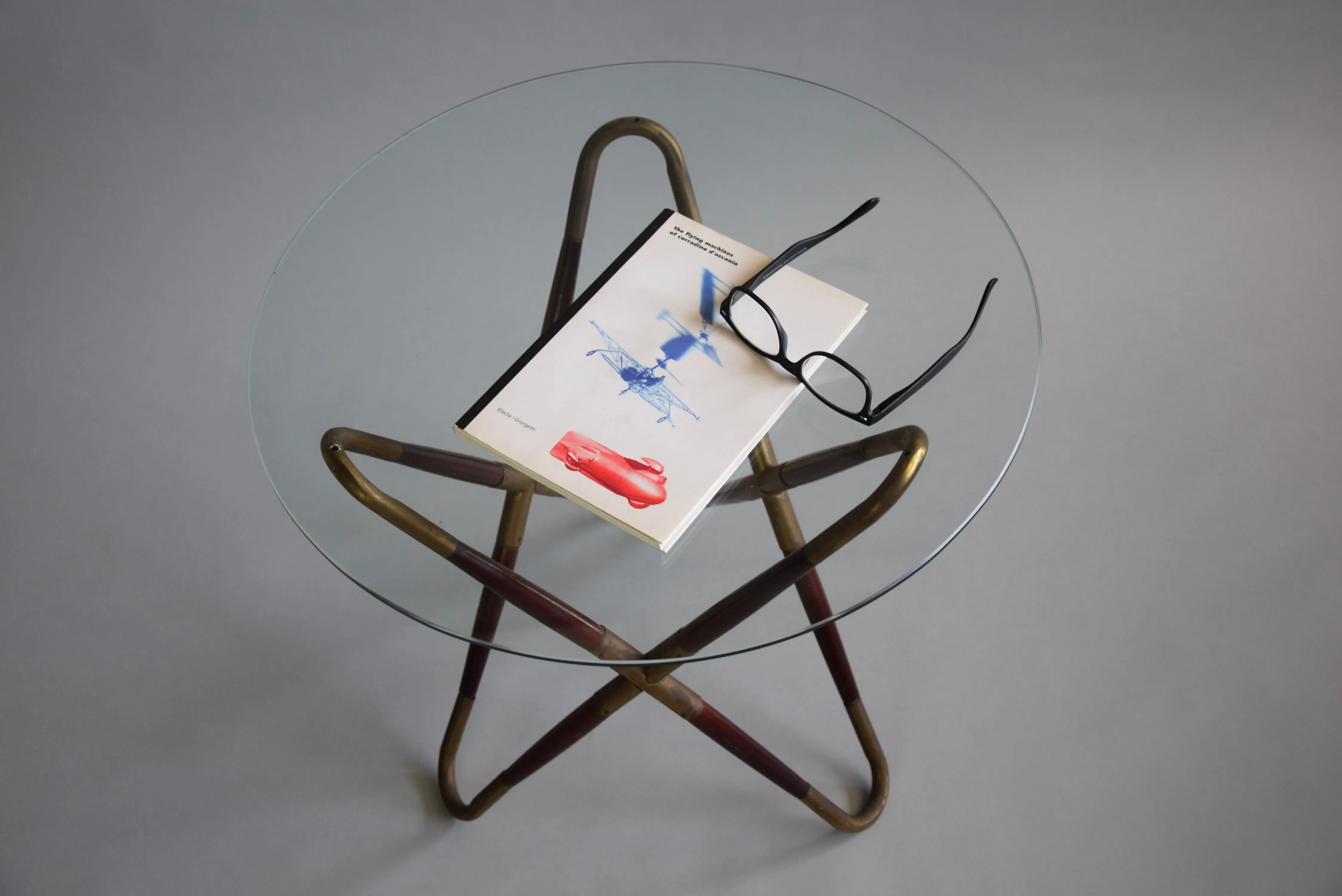 Italian Mid Century Brass, Glass and Wooden Side Table by Cesare Lacca