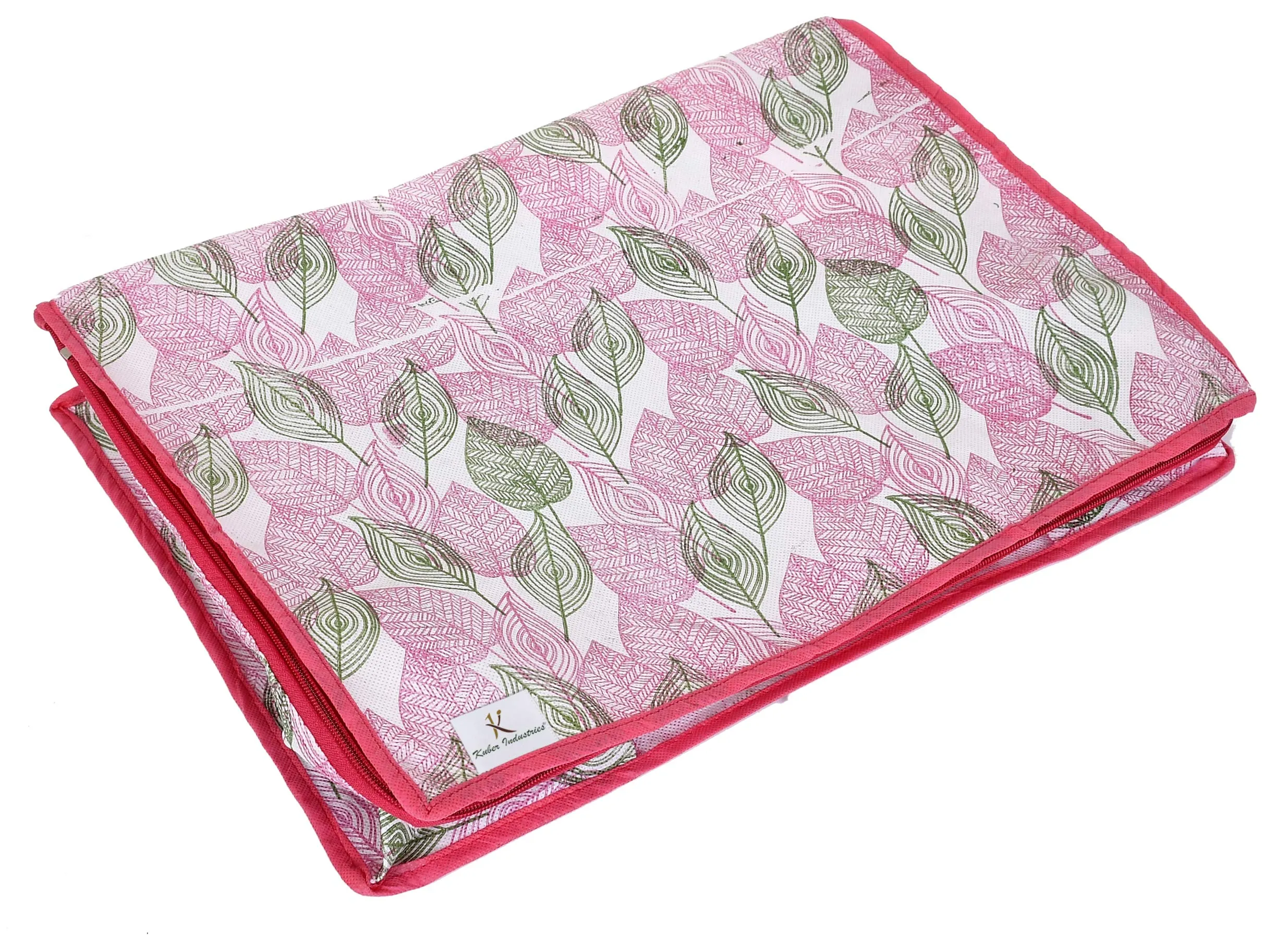 Kuber Industries Metalic Leafy,Flower Print Non Woven 4 Pieces Underbed Storage Bag,Cloth Organiser,Blanket Cover with Transparent Window (Black & Pink)-KUBMART16641