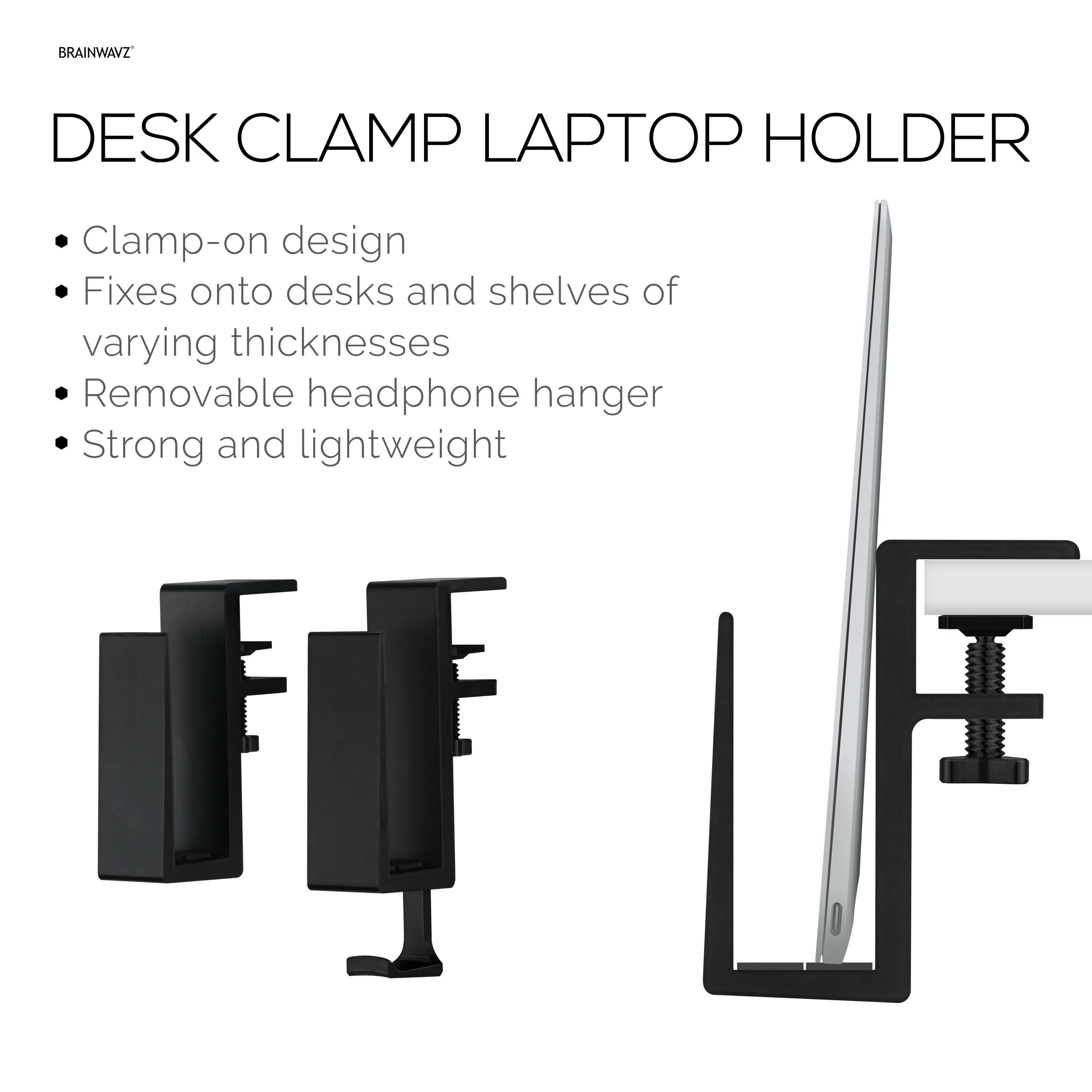 Laptop Holder for Desk with Headphone Hanger, Suitable for MacBooks, Surface Tablets, Notebooks, Keyboards, Folders & Any Device upto 2.1" Thick