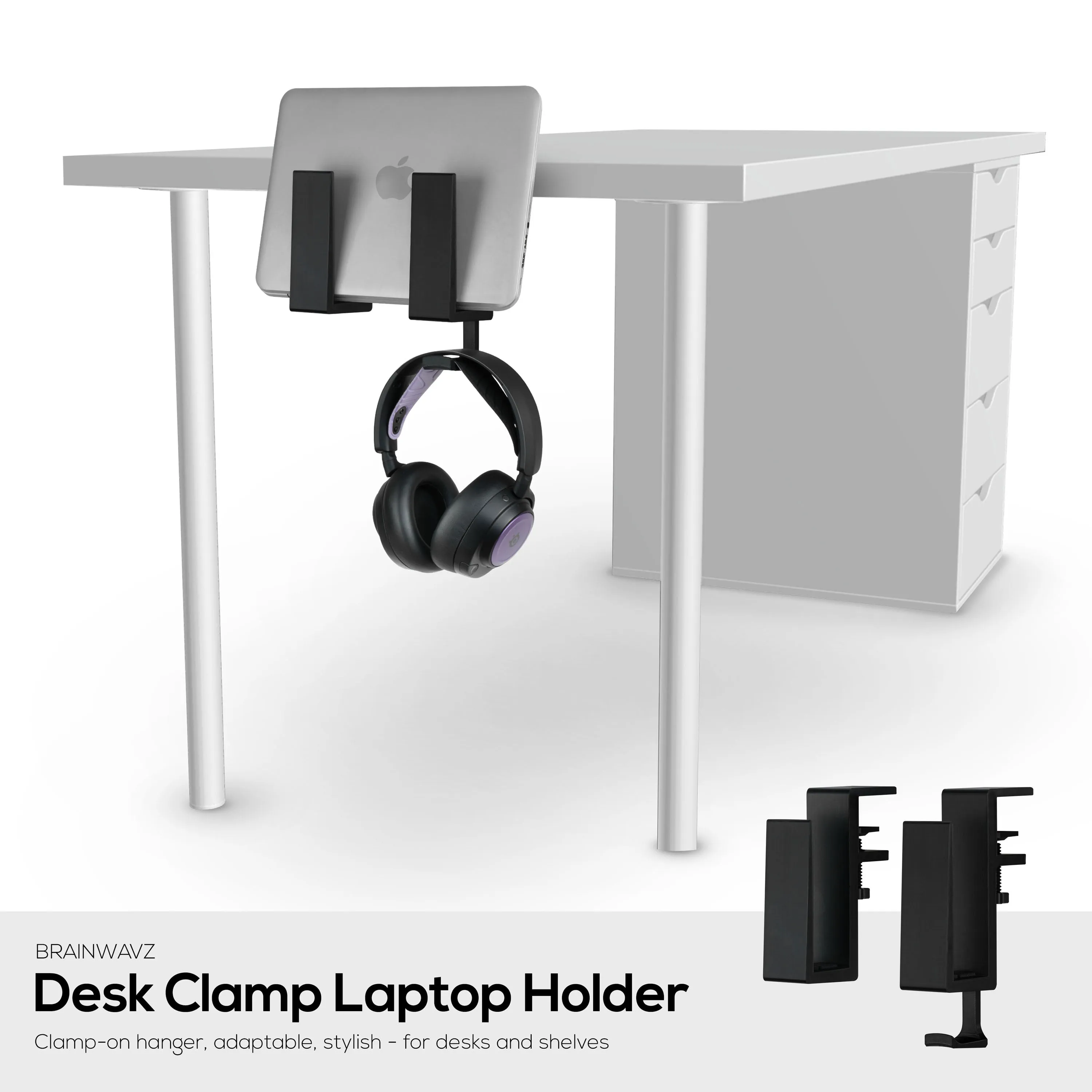 Laptop Holder for Desk with Headphone Hanger, Suitable for MacBooks, Surface Tablets, Notebooks, Keyboards, Folders & Any Device upto 2.1" Thick