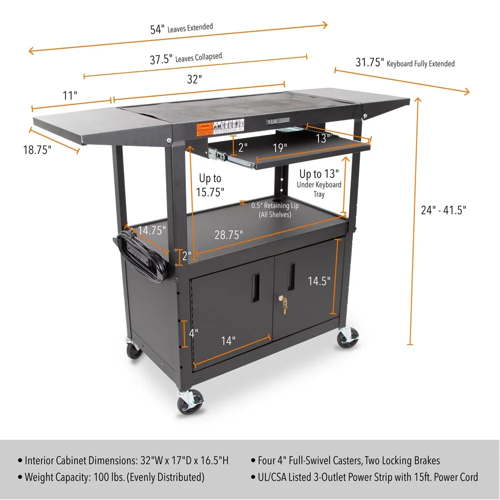 Line Leader AV Cart   Cabinet    Keyboard Tray   Drop Leaves | Height Adjustable Mobile Workstation