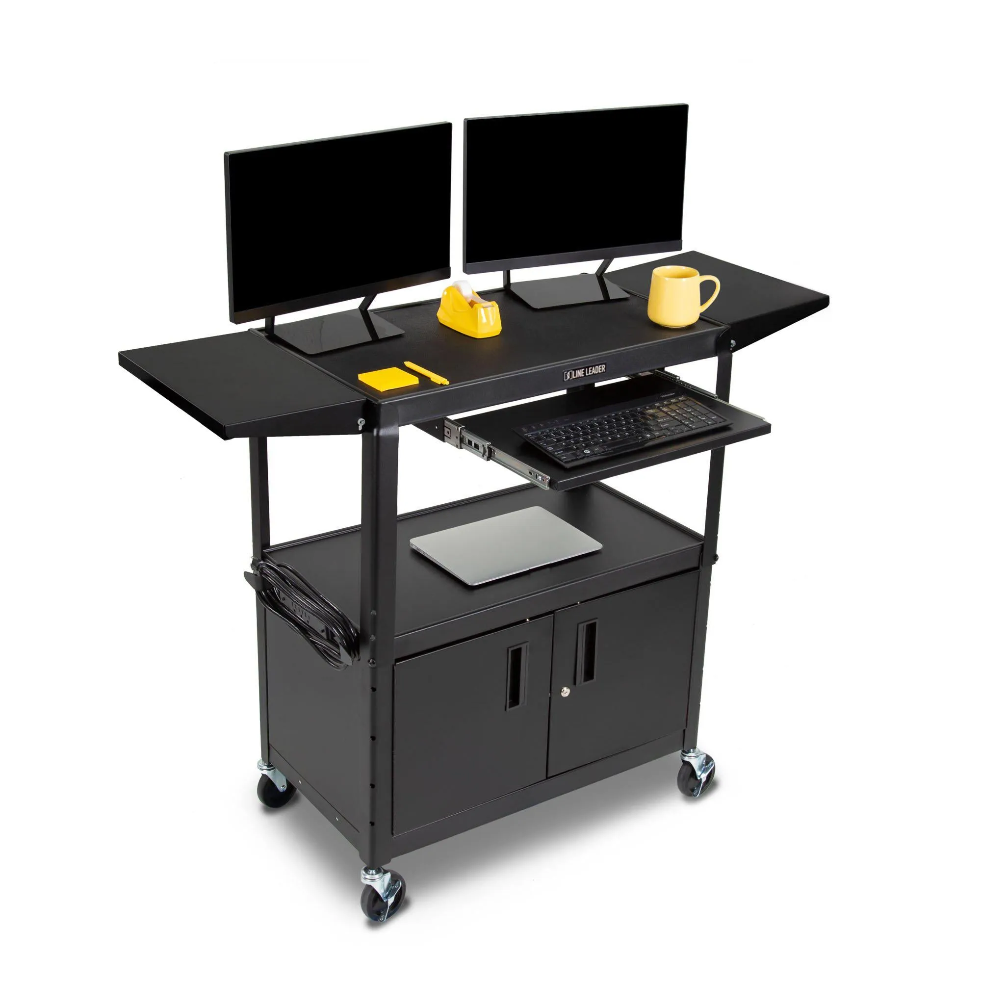 Line Leader AV Cart   Cabinet    Keyboard Tray   Drop Leaves | Height Adjustable Mobile Workstation