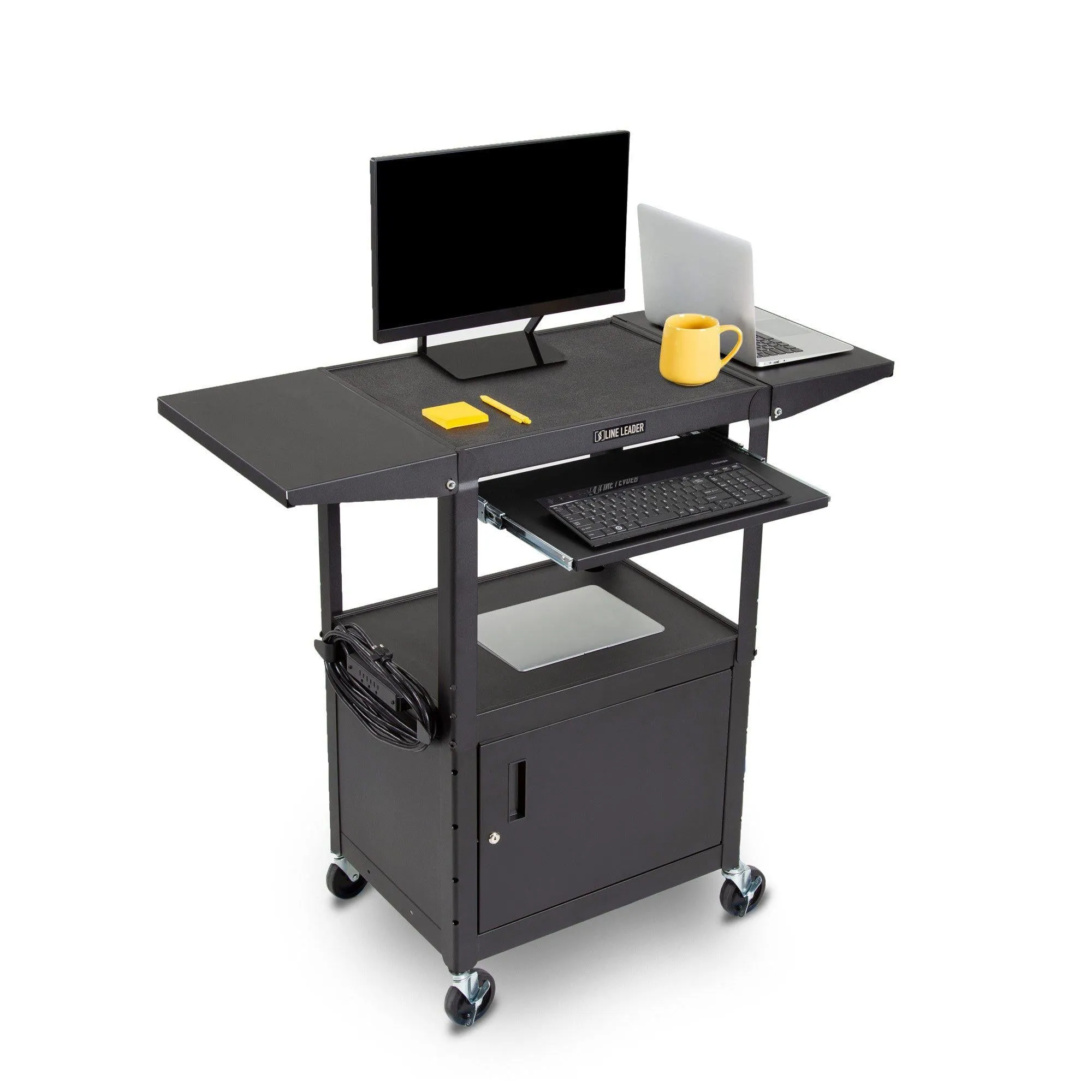 Line Leader AV Cart   Cabinet    Keyboard Tray   Drop Leaves | Height Adjustable Mobile Workstation