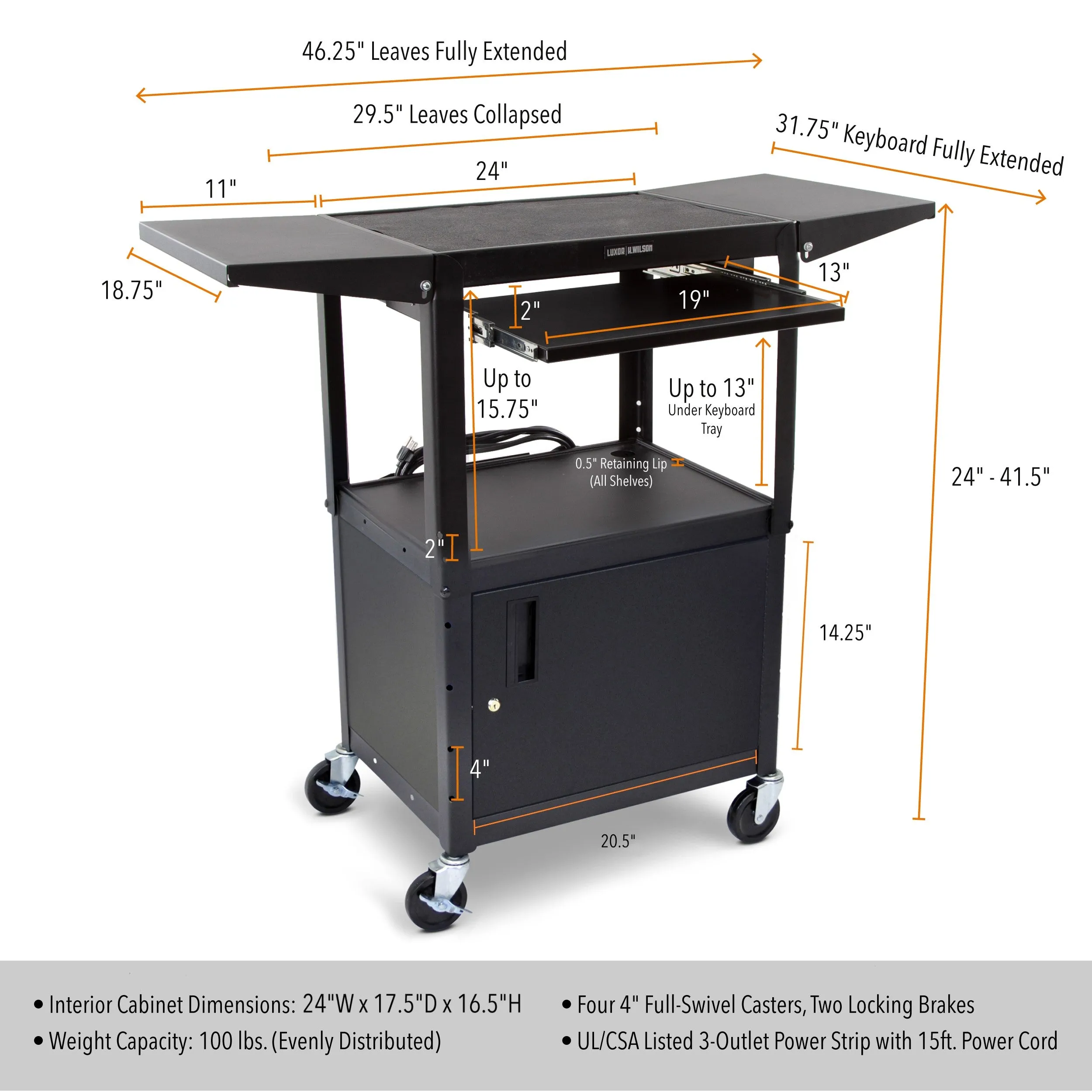 Line Leader AV Cart   Cabinet    Keyboard Tray   Drop Leaves | Height Adjustable Mobile Workstation