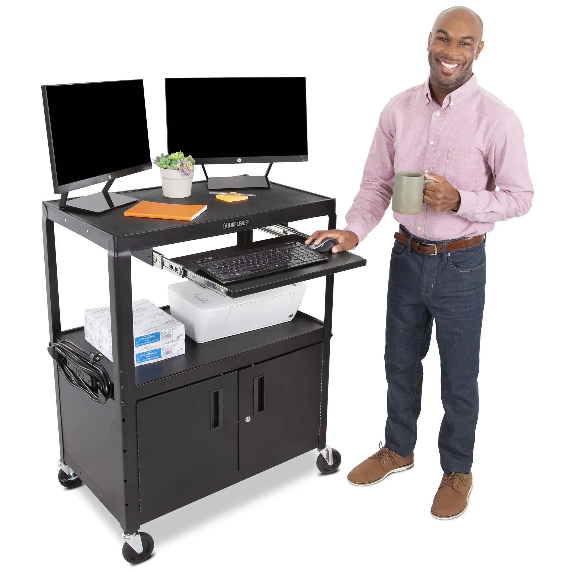 Line Leader Height Adjustable AV Cart with Cabinet | Mobile Workstation - Extra Large Size