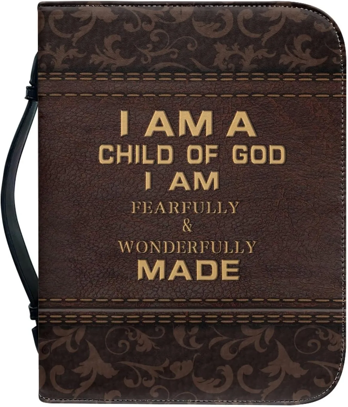 Lord Quotes Bible Cover Bag with Pockets, Brown Damask Print Book Sleeve PU Leather Zipper Case for Study Bible Small Large