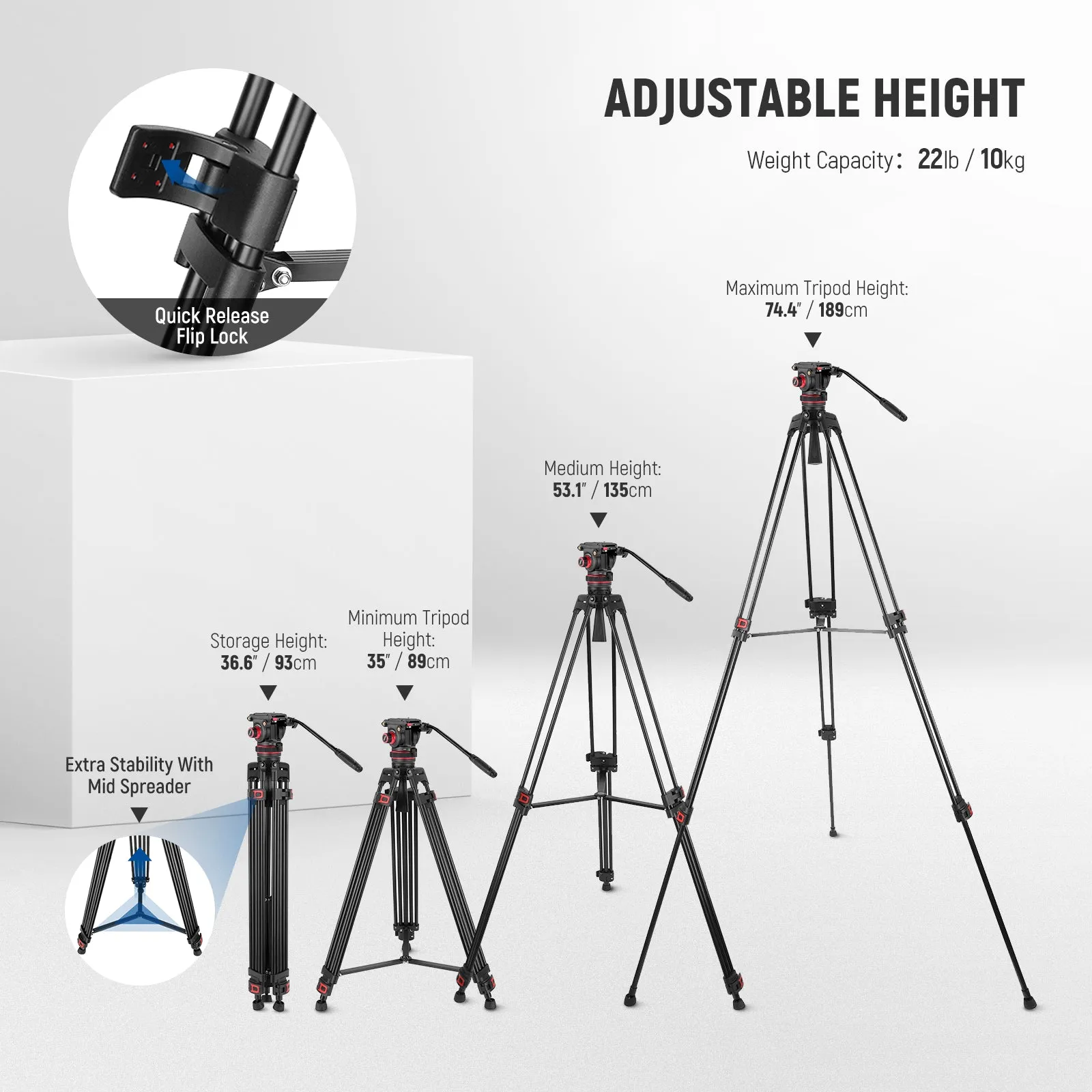 NEEWER TP75 74" Video Tripod with Adjustable Damping Fluid Head