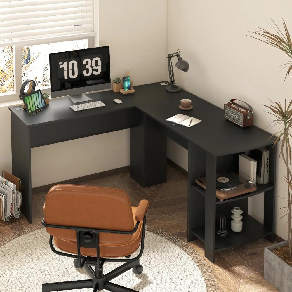 Oikiture L-shape Computer Desk with Storage Shelves Black