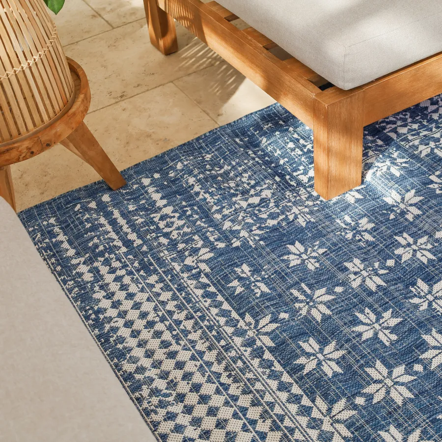 Pearl Blue Floral Polypropylene Outdoor Rug