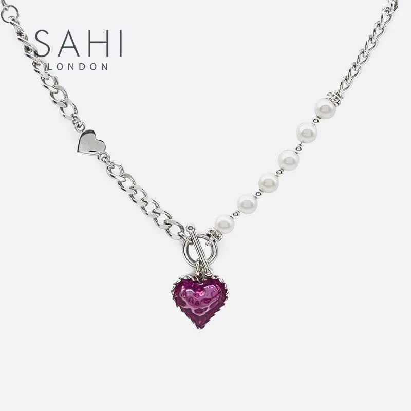 Sahi Heart Enameled Pearl Chain & Link Bracelet