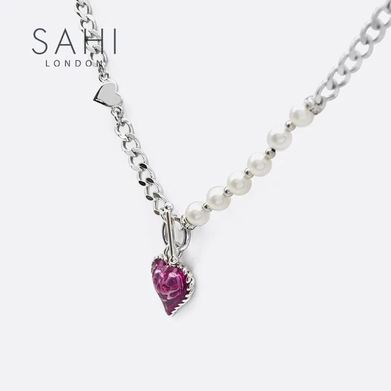 Sahi Heart Enameled Pearl Chain & Link Bracelet