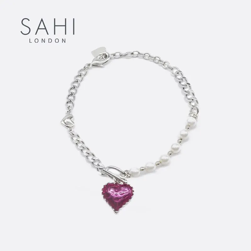 Sahi Heart Enameled Pearl Chain & Link Bracelet