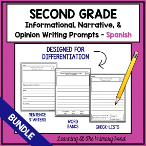 SPANISH Writing Prompts for 2nd - Informational, Narrative, & Opinion BUNDLE