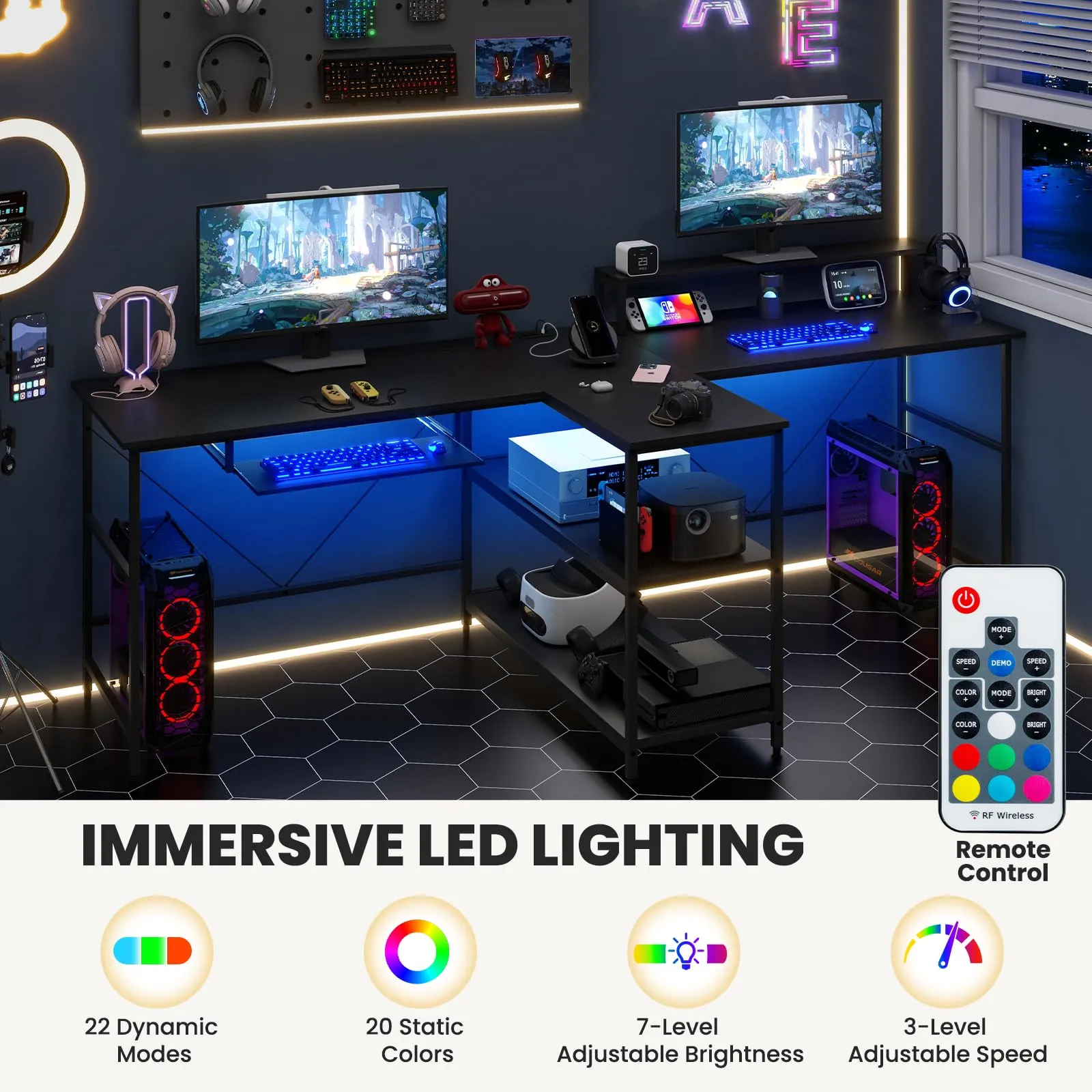 Tangkula 2-Person Reversible Computer Desk with LED Lights, 94.5” Long Office Desk with Power Outlets